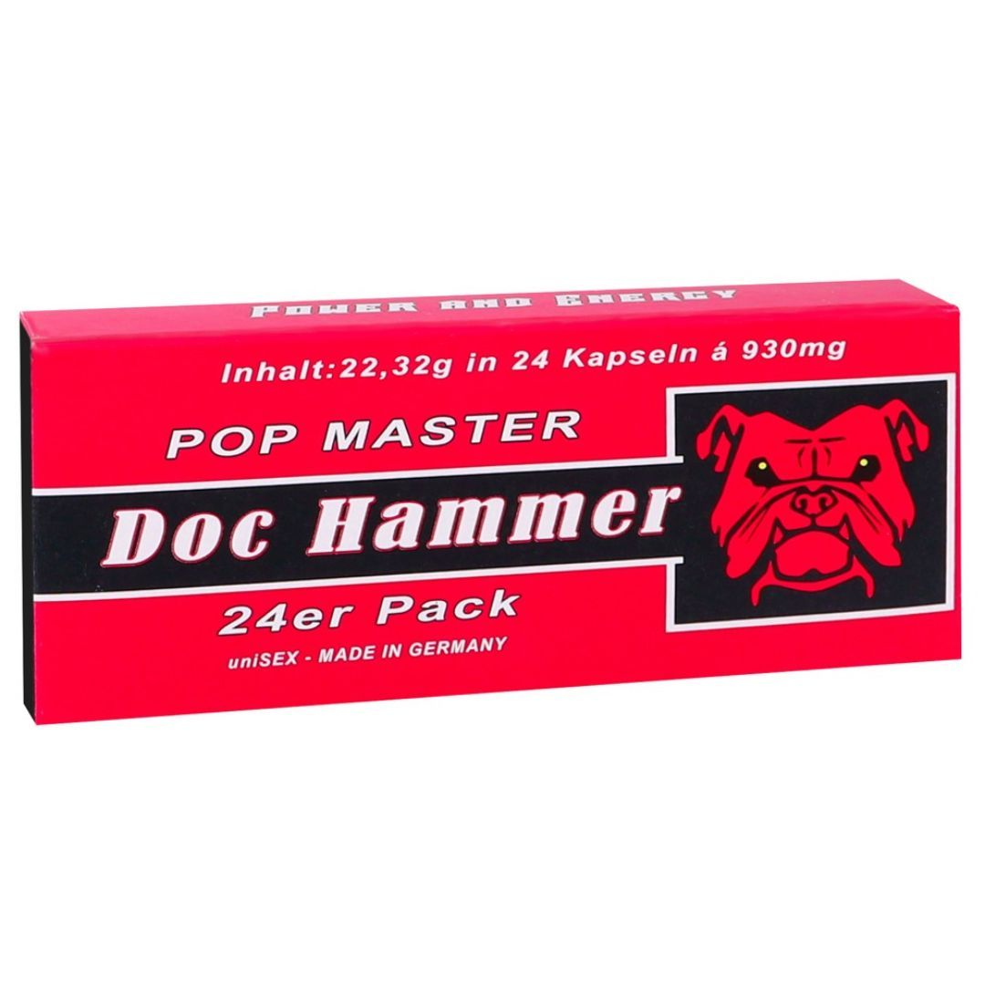 Rote Schachtel mit "Doc Hammer" und Bulldoggen-Logo. Enthält 24 Kapseln. Text: "POP MASTER", "24er Pack", "MADE IN GERMANY".