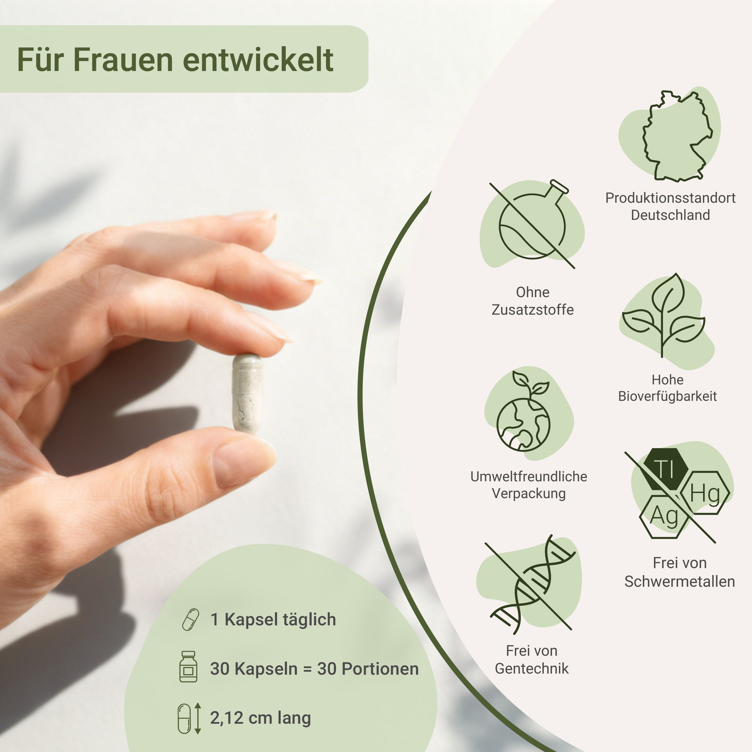 Hand hält eine Vagiflora Komplex Kapsel vor Icons zu Inhaltsstoffen und Herkunft.