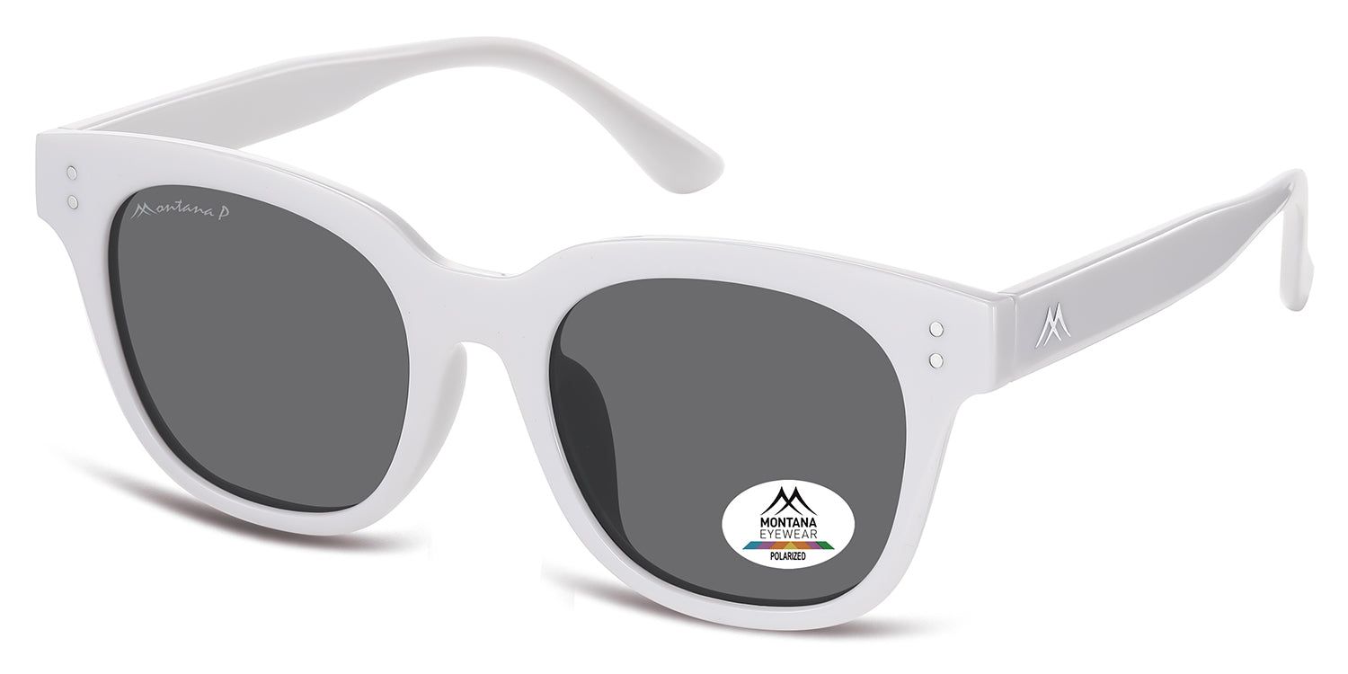 Weiße Sonnenbrille mit grauen Gläsern. Montana Eyewear Logo und Polarisationsaufkleber. Eckige Form.