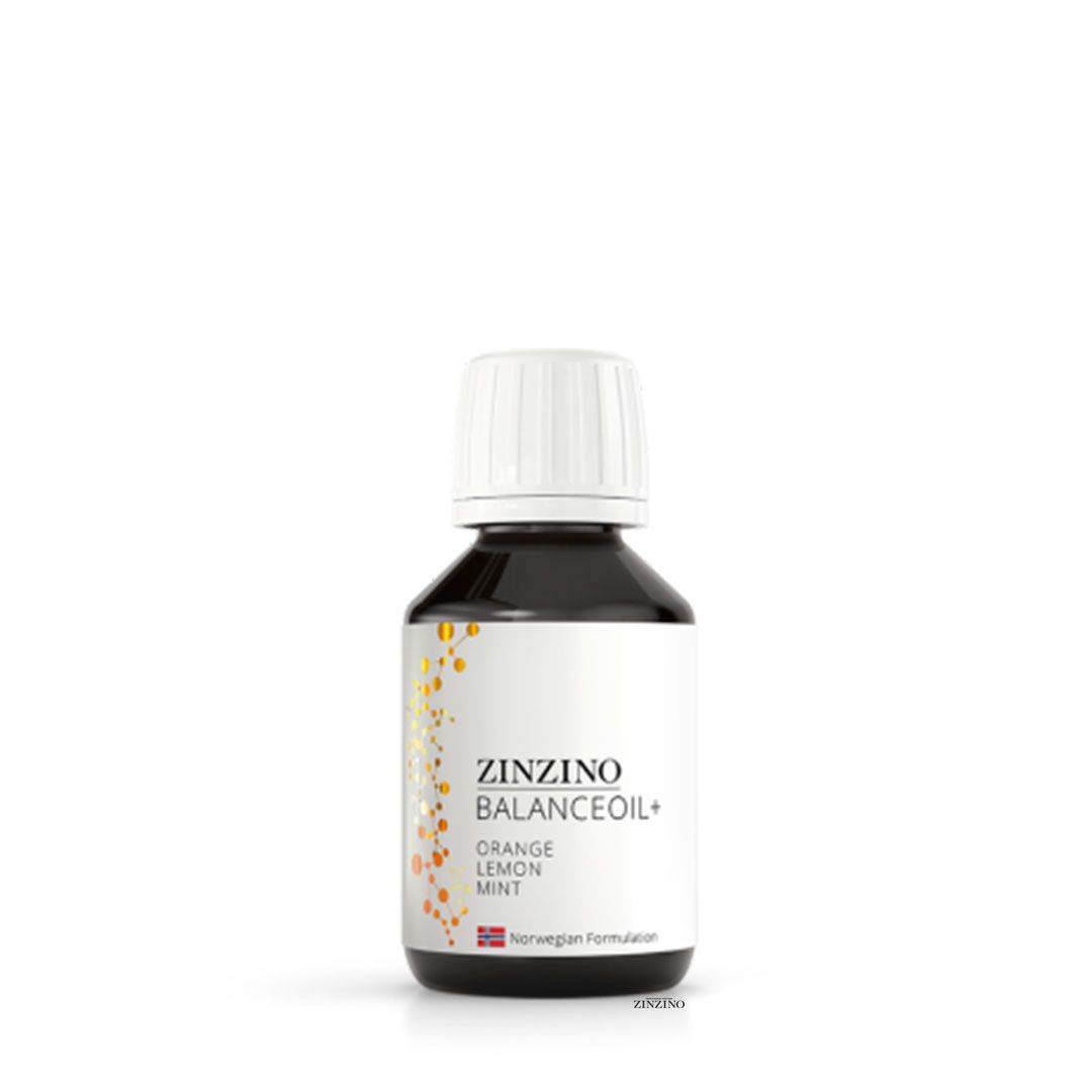 Braune Glasflasche mit weißem Deckel. Etikett mit Produktnamen und Aromen: Orange, Zitrone, Minze. Marke: ZinZino BalanceOil+.