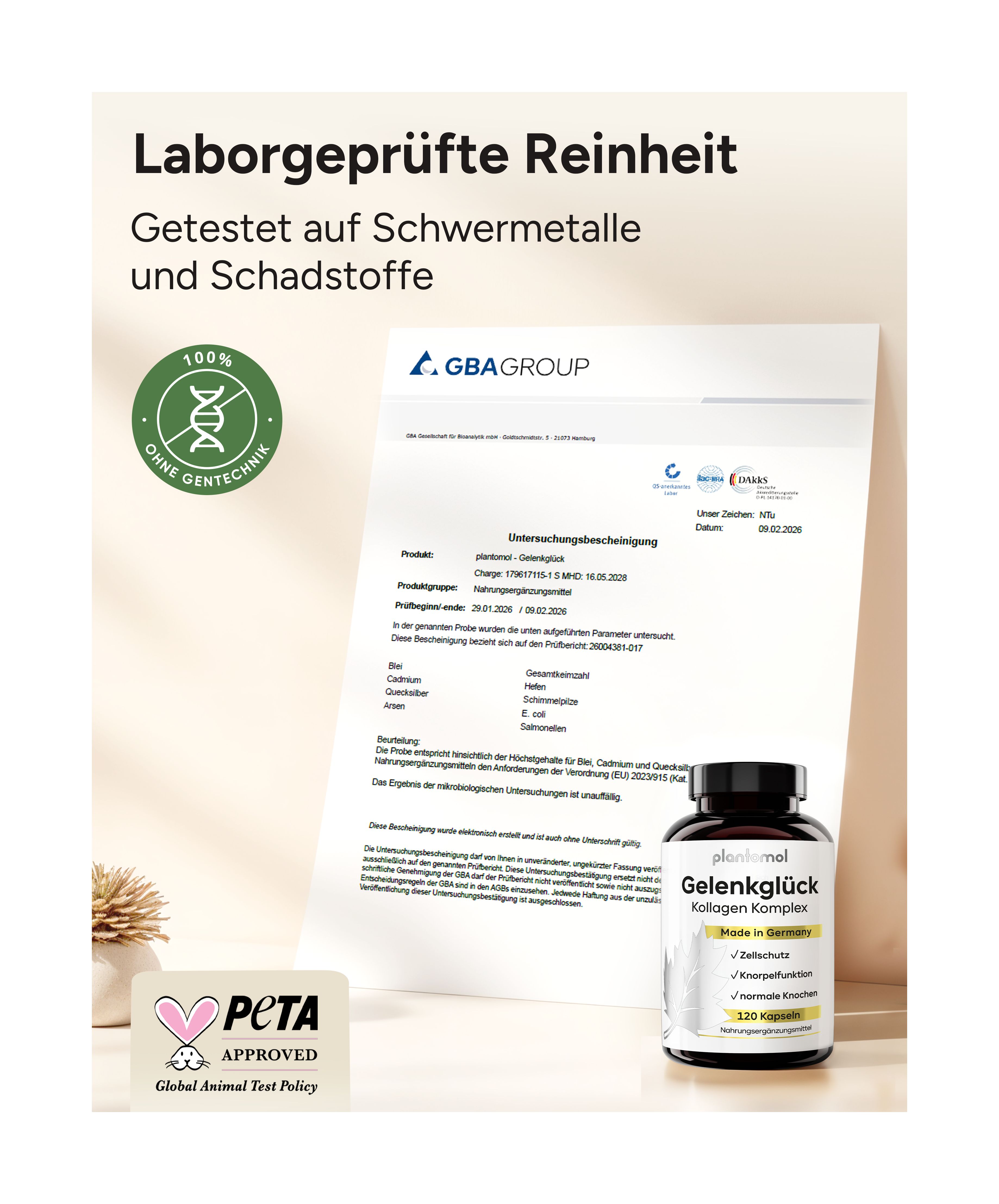 Laborgeprüfte Reinheit. Zertifikat von GBA GROUP. PETA-Siegel. Flasche plantomol® Gelenkglück Kollagen Komplex, 120 Kapseln.