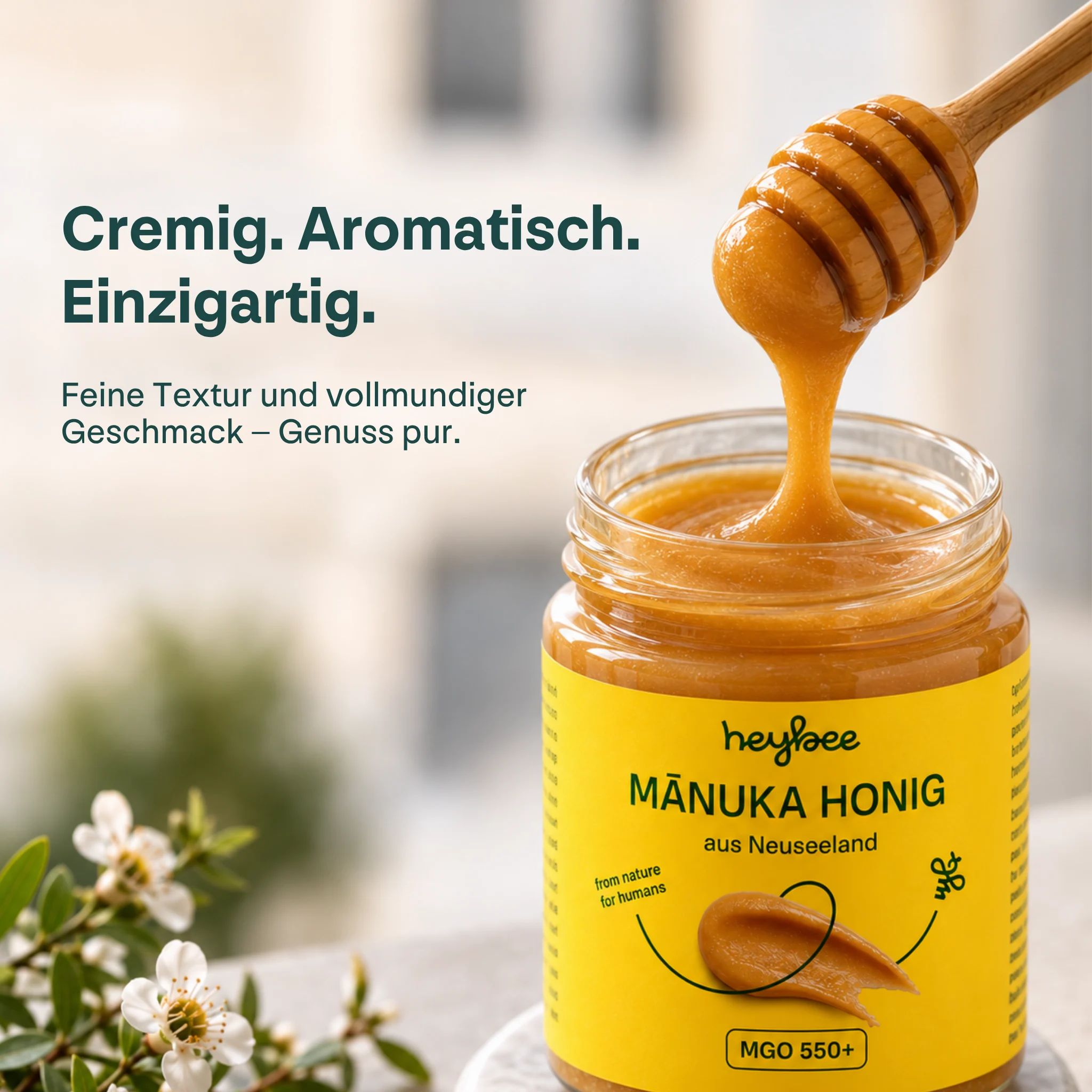 Glas Manuka Honig MGO 550+. Honig tropft von einem Honigheber. Cremige Textur.