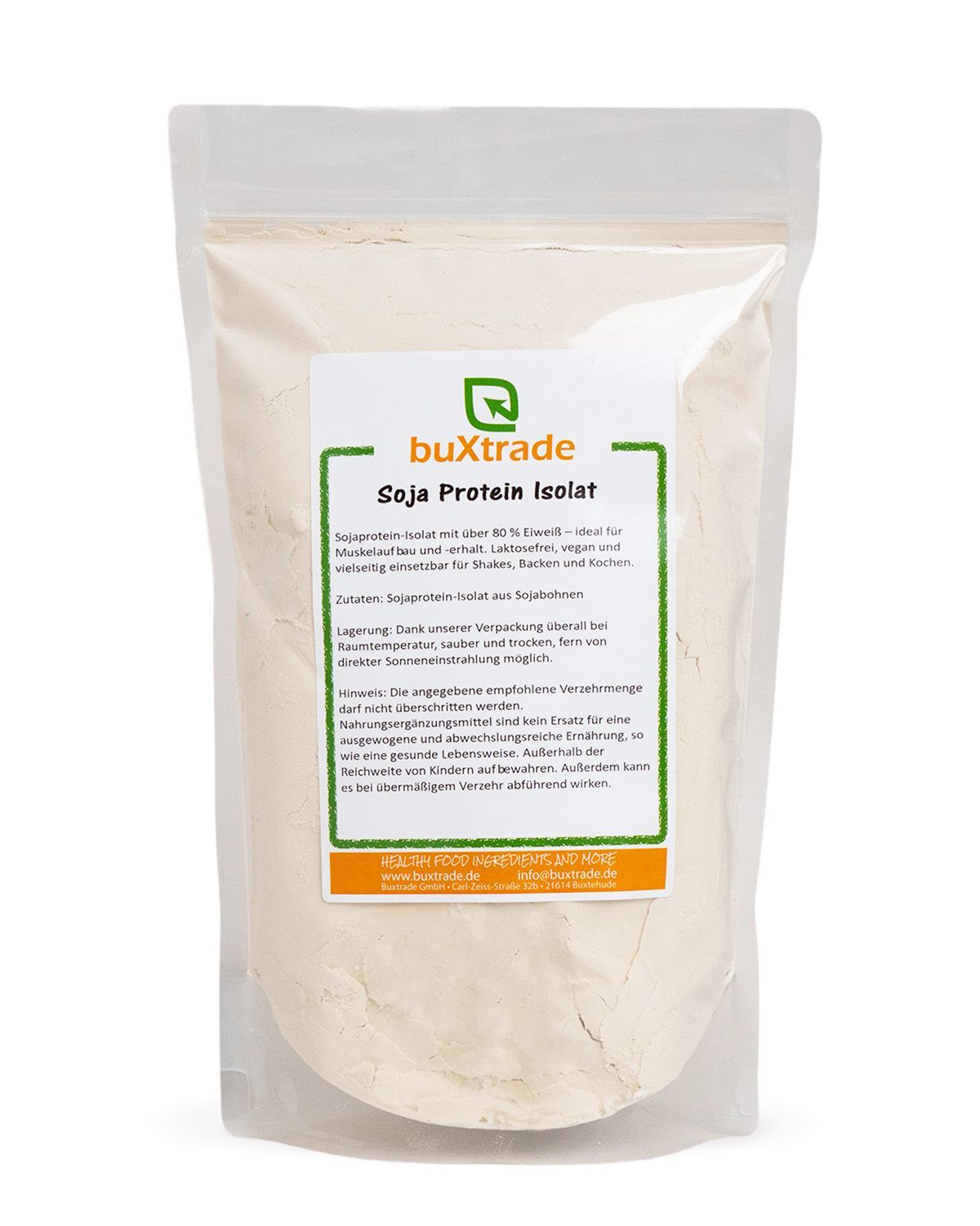 Ein Beutel buXtrade Sojaprotein Isolat mit Etikett, von vorne.