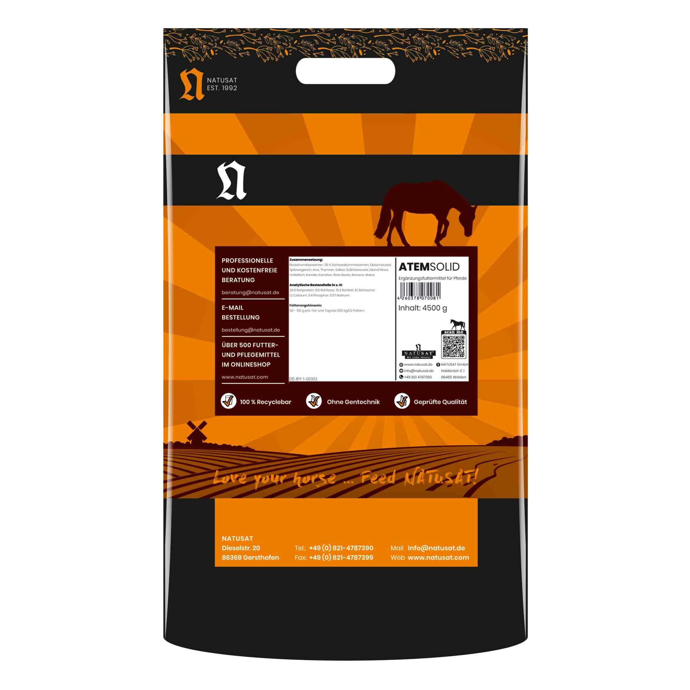 Verpackung mit Produktinformationen. Logo und Produktname ATEMSOLID. Text: Professionelle Fachberatung. Inhalt: 4500 g.