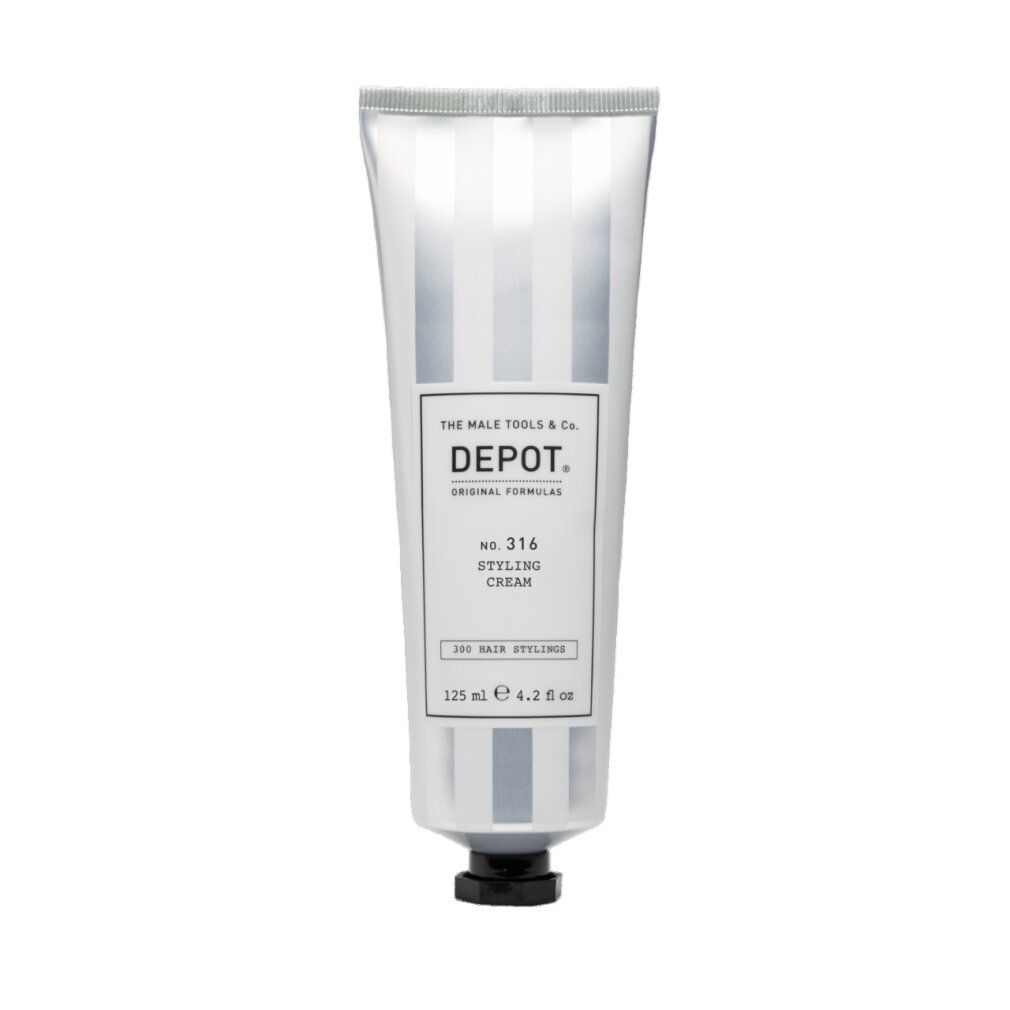 Creme-Tube mit vertikalen Streifen. Aufschrift: DEPOT, No. 316 Styling Cream. Volumenangabe.