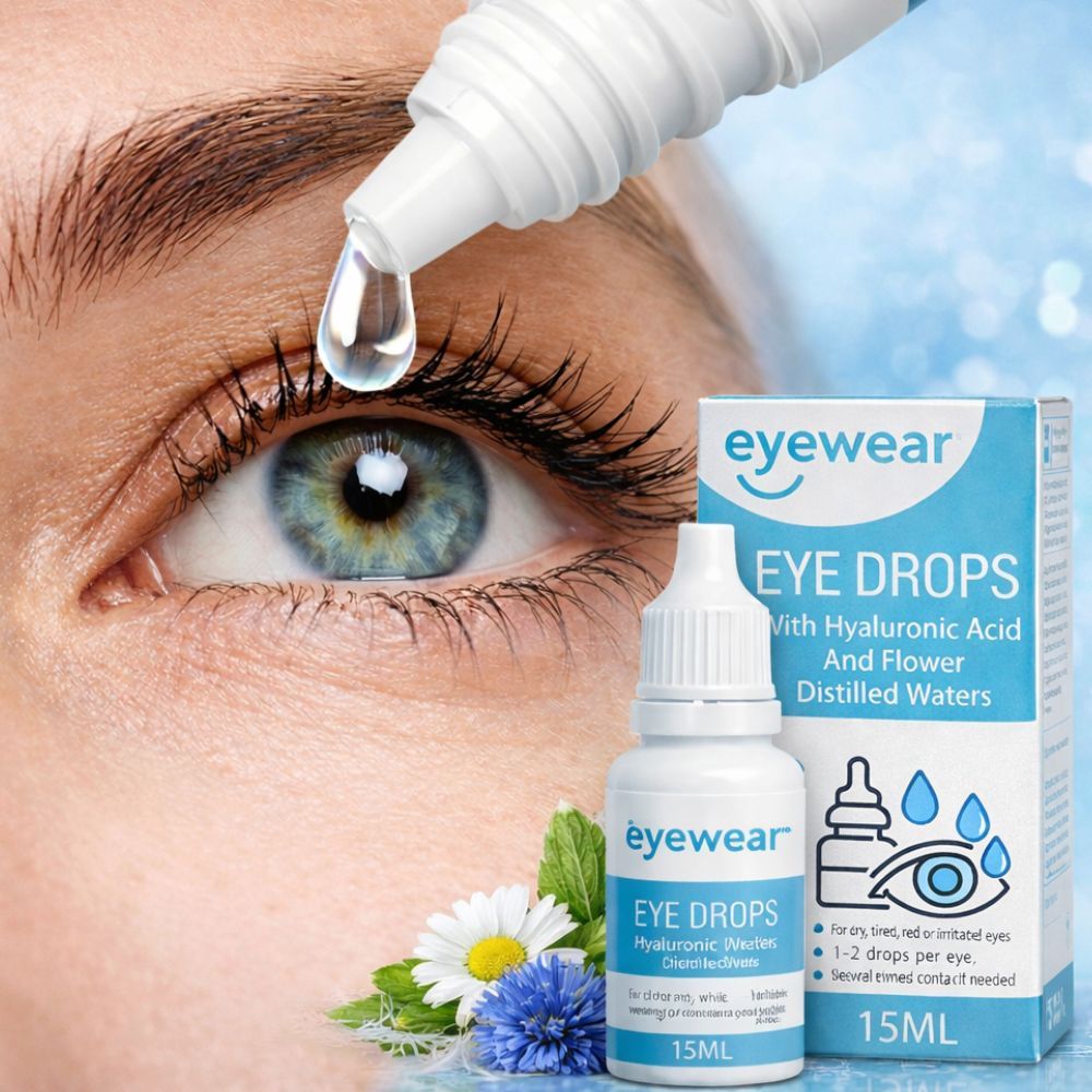 Augentropfen-Flasche und Schachtel neben Auge. Blaue und weiße Verpackung. Text: "eye wear EYE DROPS". Enthält Hyaluronsäure und Blütenwasser. 15ml.