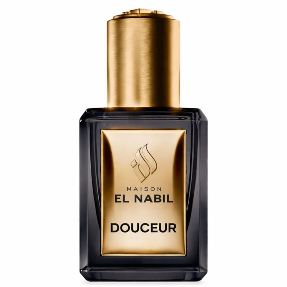 Schwarze Glasflasche mit goldenem Verschluss und Etikett "Maison El Nabil Douceur".