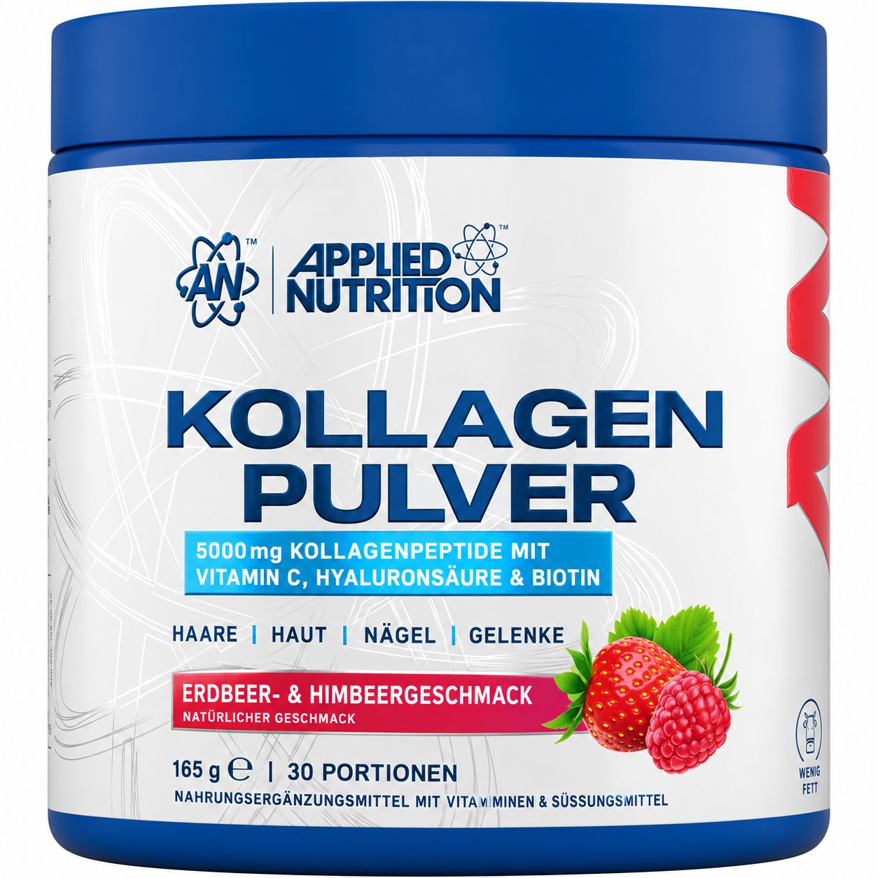 Ein Beutel 'APPLIED NUTRITION COLLAGEN POWDER' mit Hinweisen wie zuckerfrei und fettfrei.