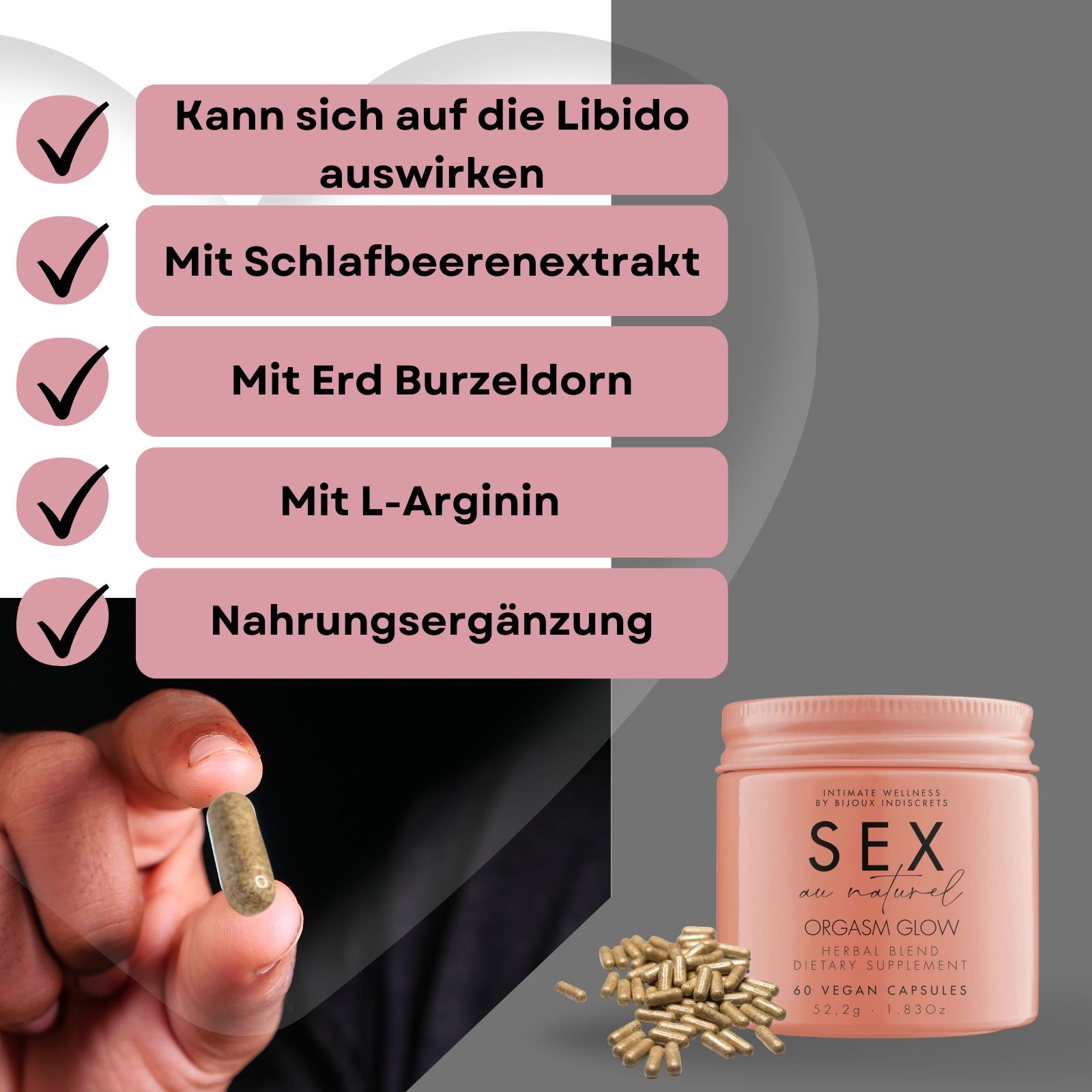 Person hält Kapsel. Dose und Schachtel mit Aufschrift SEX au naturel ORGASM GLOW. 60 vegane Kapseln. Marke Bijoux Indiscrets.
