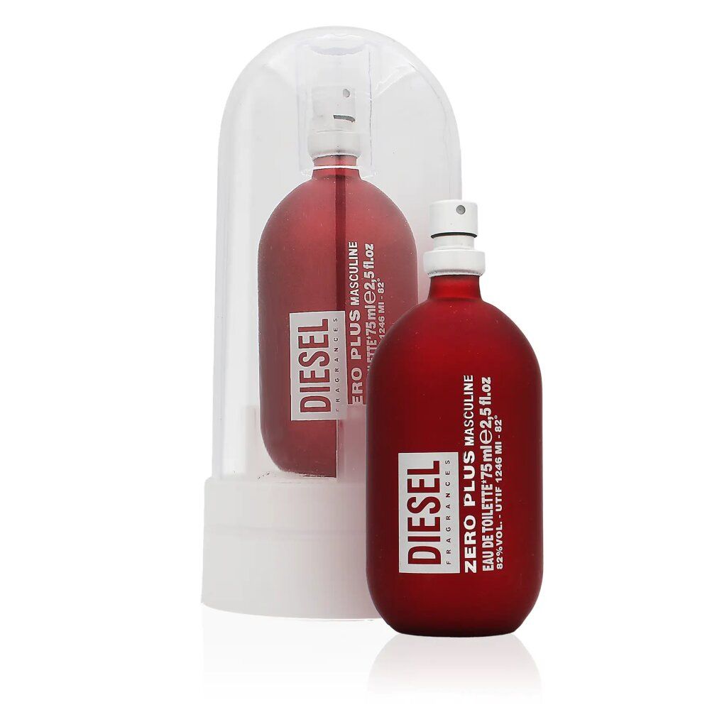 Rote Flasche mit silbernem Zerstäuber, in einer transparenten Hülle. Aufschrift: DIESEL, ZERO PLUS MASCULINE.