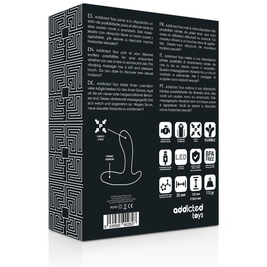 Rückseite der Verpackung. Produktinformationen, Logos, Abbildungen des Produkts und Zertifizierungen. Aufschrift: Addicted Toys.