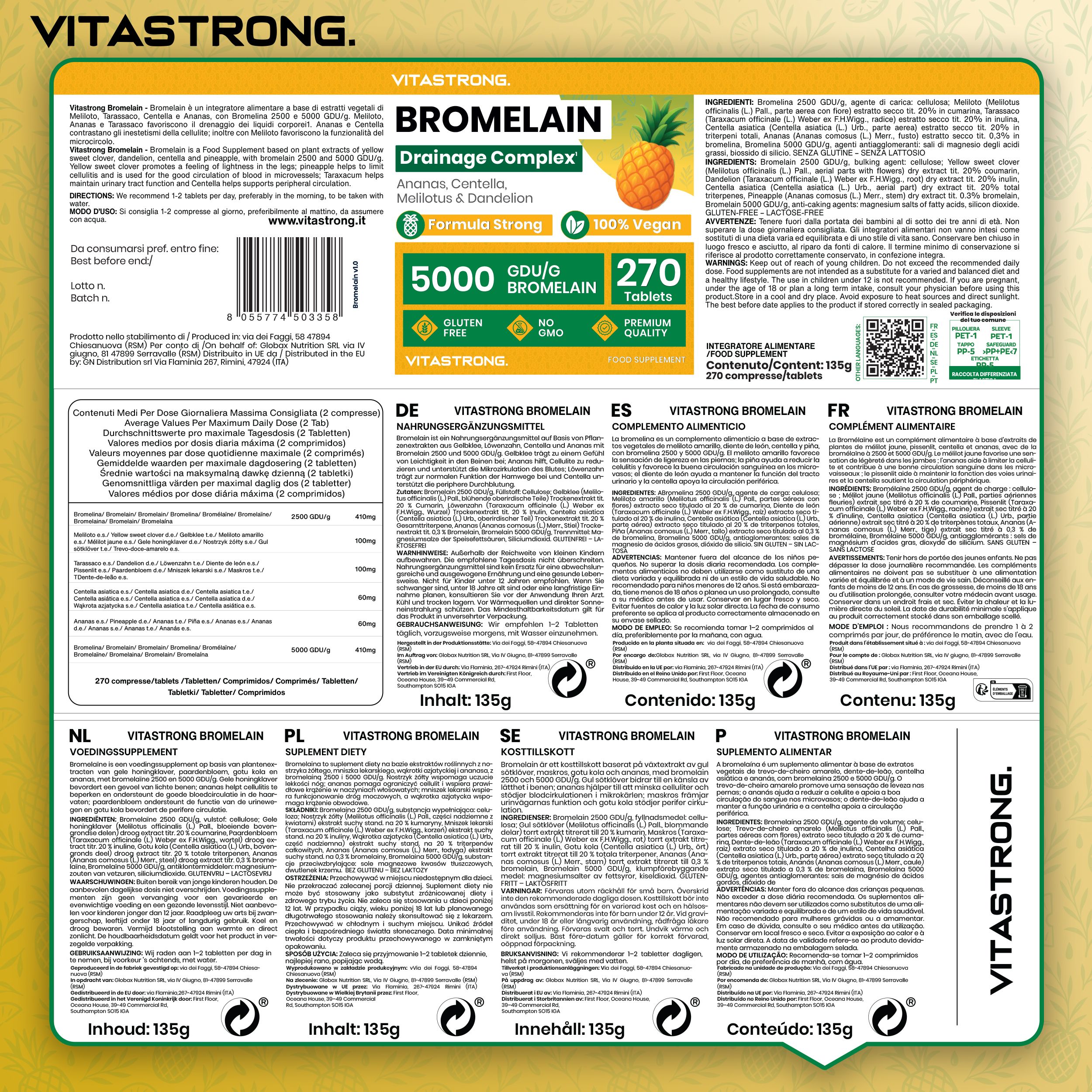 Produktverpackung mit Text in mehreren Sprachen. Vitastrong Bromelain Drainage Complex. 270 Tabletten.