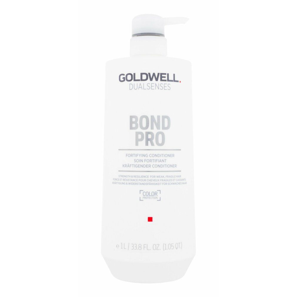 Weiße Goldwell Dualsenses Bond Pro Conditioner Flasche mit Pumpe. Text: BOND PRO, FORTIFYING CONDITIONER, COLOR.