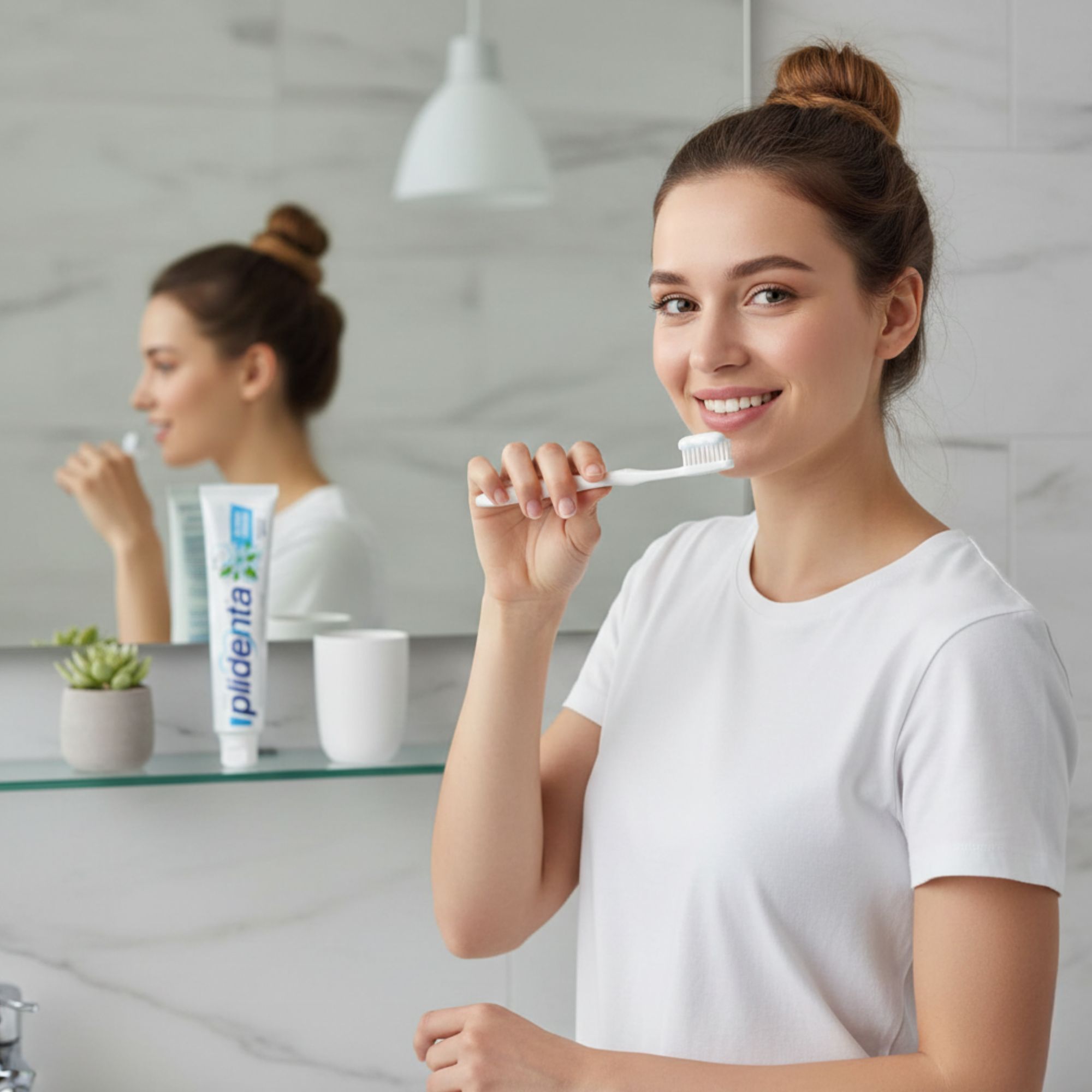 Frau putzt sich die Zähne vor dem Spiegel. Im Hintergrund: Zahncreme-Tube Plidenta.