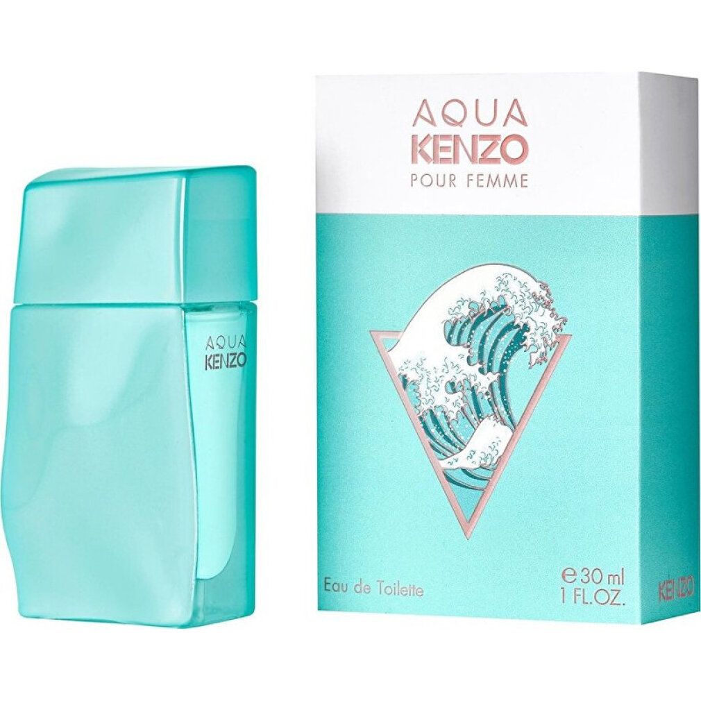 Türkisgrüner Flakon und Verpackung. Auf der Verpackung steht "AQUA KENZO POUR FEMME". Wellen-Design.