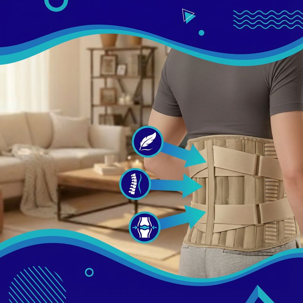 Rückenbandage am Rücken einer Person. Pfeile zeigen die Unterstützung an.