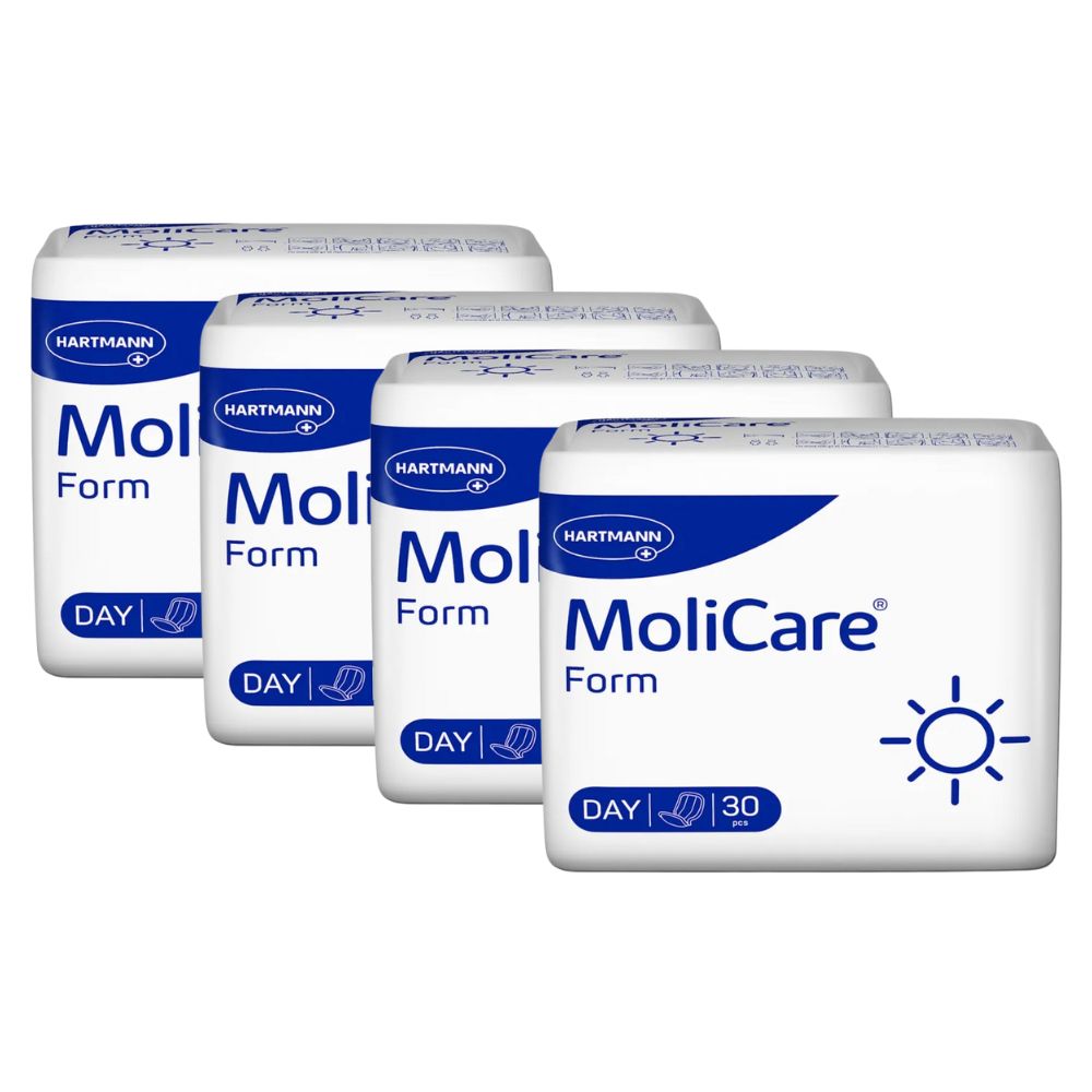 Vier Packungen MoliCare Form Day. Weiße Verpackung mit blauem Logo und Produktbezeichnung. Sonnensymbol und "30" sichtbar.