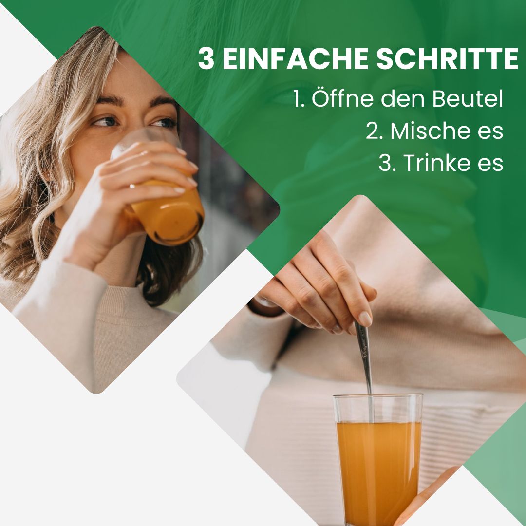 3 Schritte: Beutel öffnen, mischen, trinken. Frau trinkt Saft, rührt Saft an.
