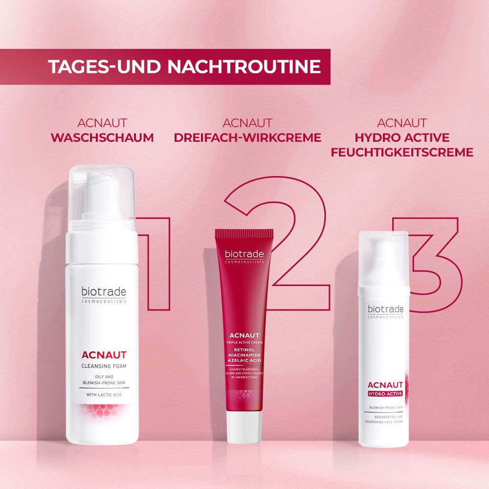 Drei Produkte nebeneinander. Text: Tages- und Nachtroutine. Biotrade Acnaut Waschschaum, Creme, Feuchtigkeitscreme.