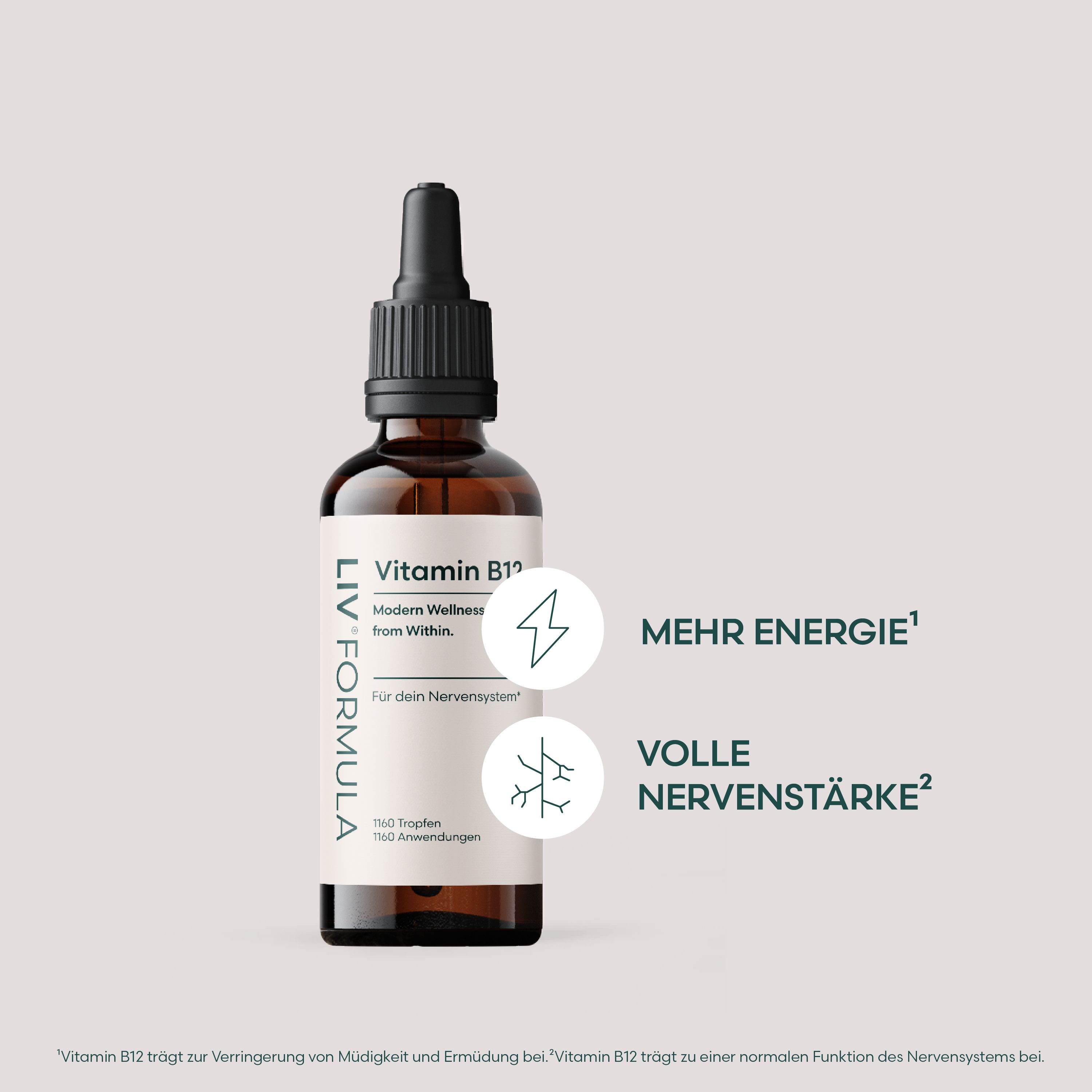 Braune Glasflasche mit schwarzem Deckel. Aufschrift: LIV.FORMULA Vitamin B12. Grafiken mit Text: Mehr Energie, Volle Nervenstärke.
