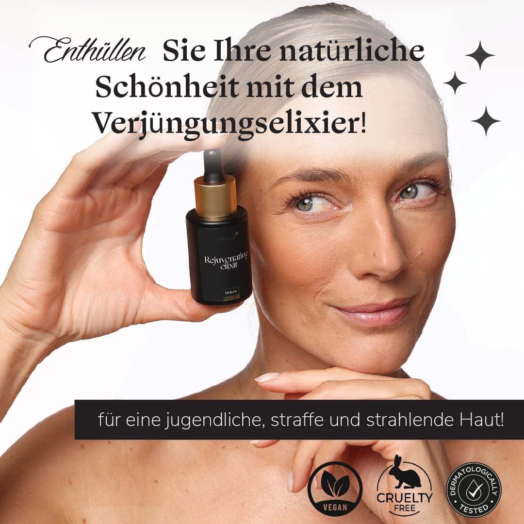 Frau hält Biostile Rejuvenating Elixir Serum Flasche, mit Siegeln für Vegan und Cruelty-Free.