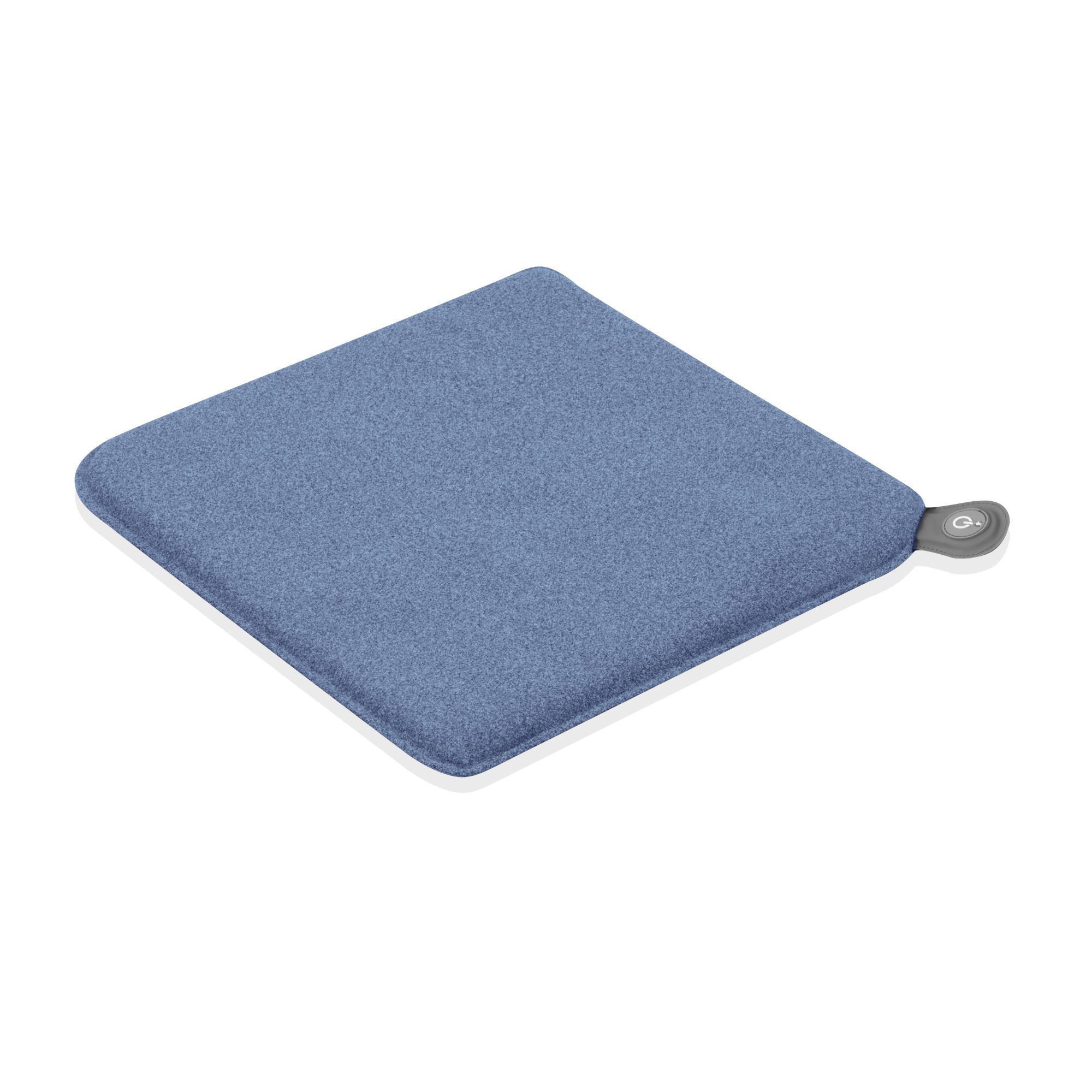Blaues, quadratisches Heizkissen mit Filzoberfläche und einem grauen Bedienelement.