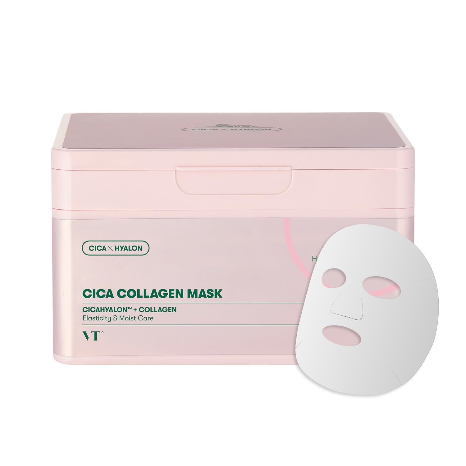 Rosa Box mit Cica Collagen Maske und einer einzelnen Maske. Aufschrift: Cica Collagen Mask.