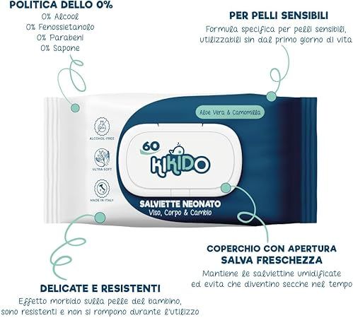 Kikido-Feuchttücher-Packung. Aufschrift: Salviette Neonato Viso, Corpo & Cambio. 60 Stück. Mit Aloe Vera & Kamille.