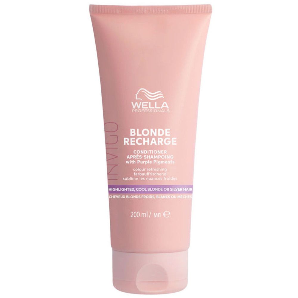 Rosa Tube Wella Invigo Blonde Recharge. Text: Conditioner, mit violetten Pigmenten. 200 ml.
