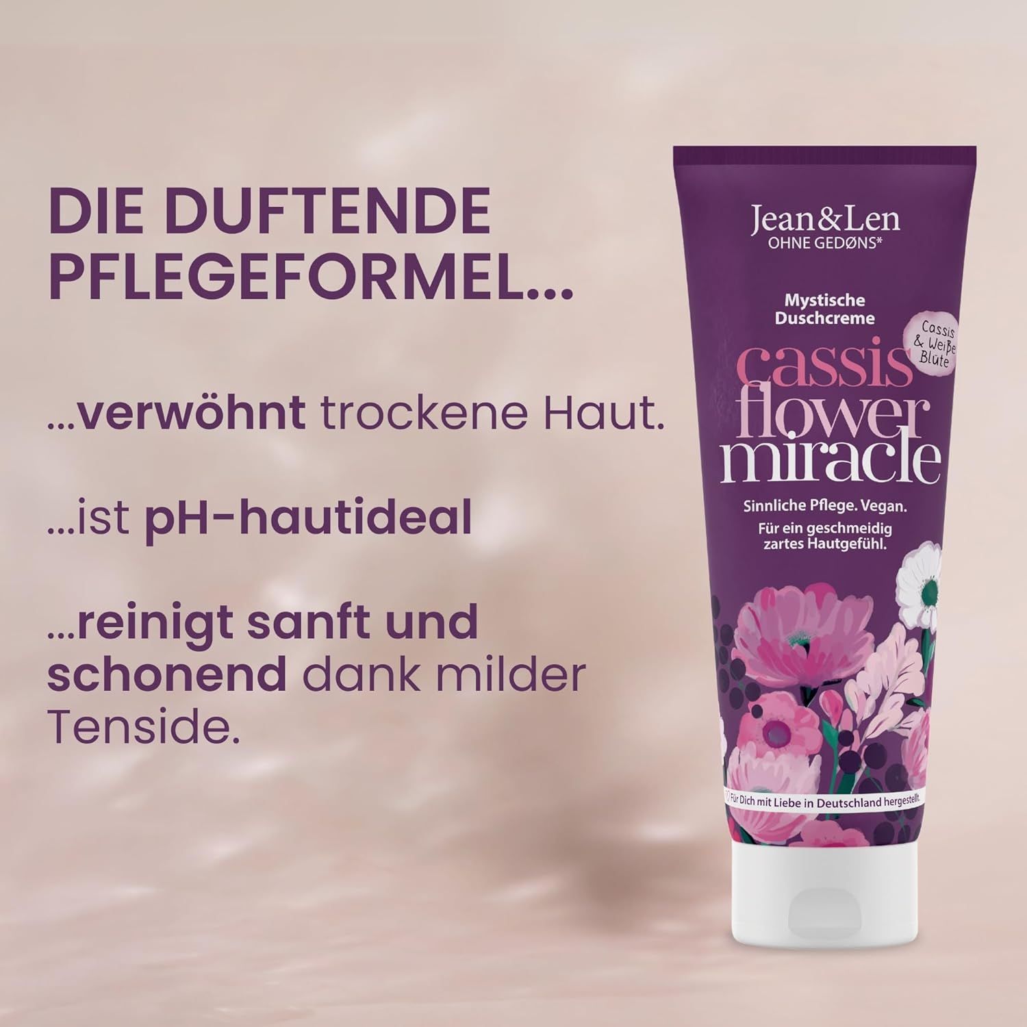 Lila Tube mit Produktinformationen. Text: Die duftende Pflegeformel... verwöhnt trockene Haut, ist pH-hautideal, reinigt sanft dank milder Tenside.