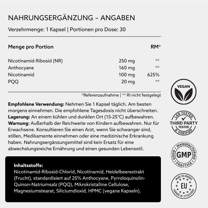 Nahrungsergänzungsmittel-Angaben. Text: 1 Kapsel, 30 Portionen. Inhaltsstoffe. Vegan, Lab getestet, GMP, Made in Europe.