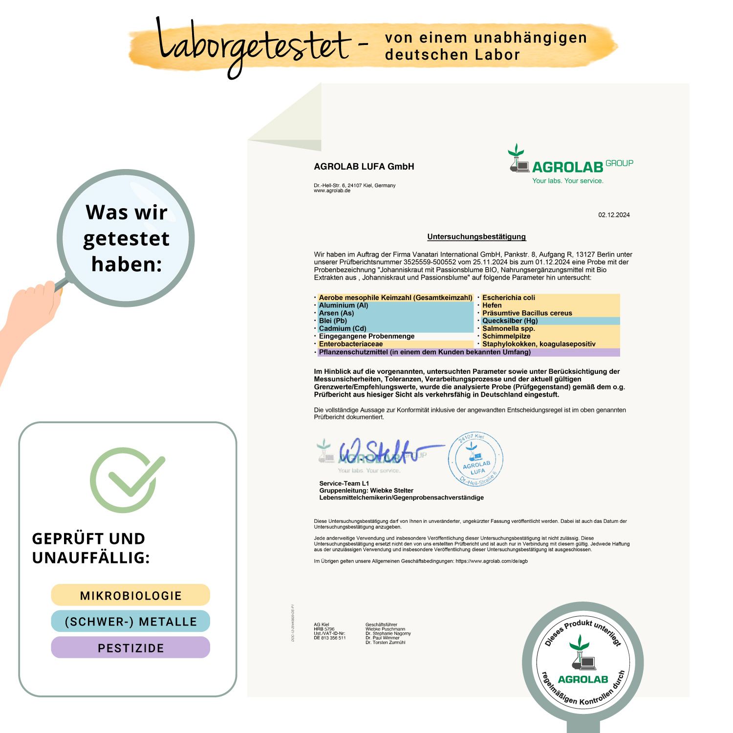 Zertifikat von AGROLAB. Bestätigung der Prüfung auf Mikrobiologie, Schwermetalle und Pestizide. Laborgetestet.