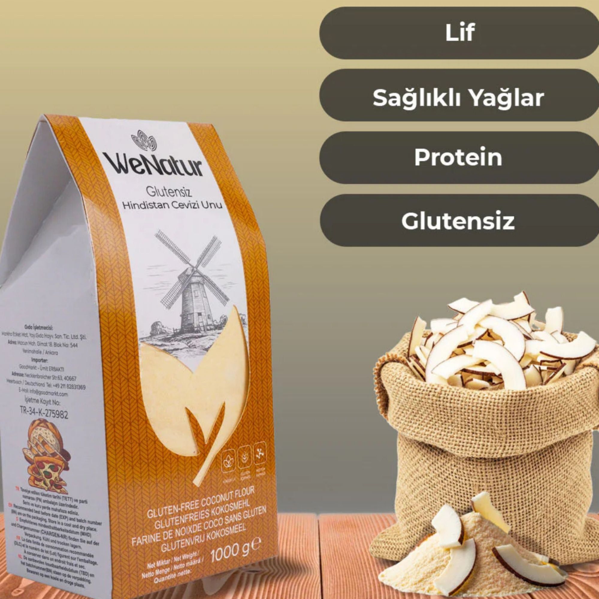 Packung glutenfreies Kokosmehl neben einem Sack Kokosraspeln und Kokosstücken.