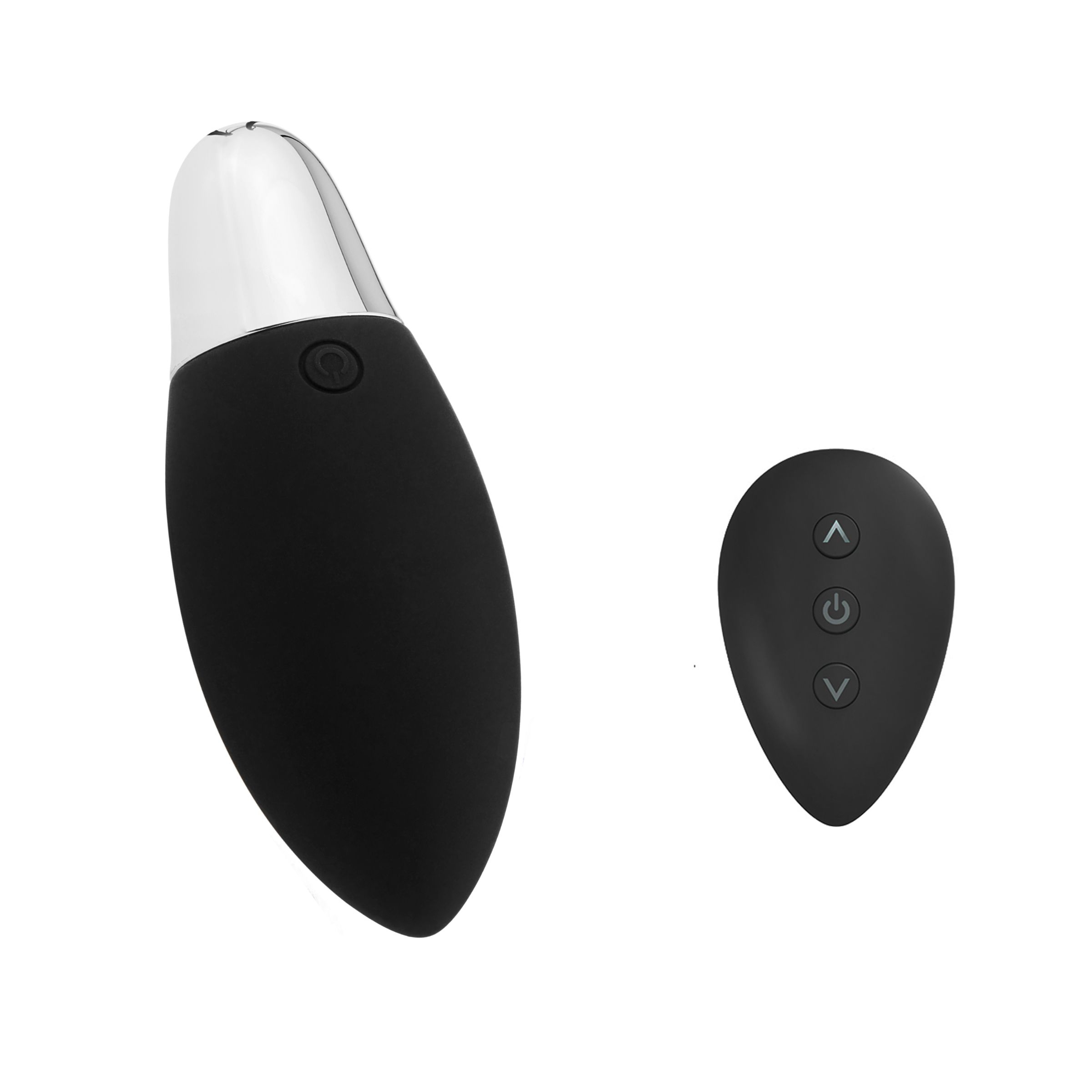 Schwarzes, ovales Produkt mit silbernem Kopf und separater, ovaler Fernbedienung mit drei Tasten. Ein- und Ausschalter sichtbar.