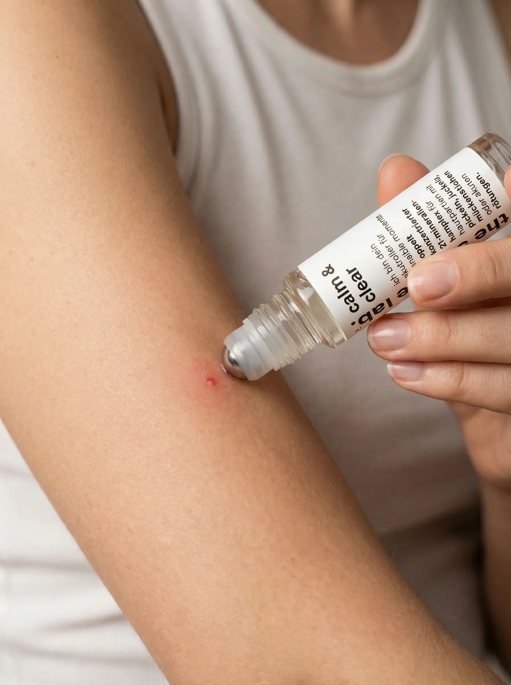 Person hält den calm&clear Roll-on-Stick von the source lab. an einem Arm. Der Roll-on wird auf eine Hautstelle mit Rötung aufgetragen. Produkt sichtbar.