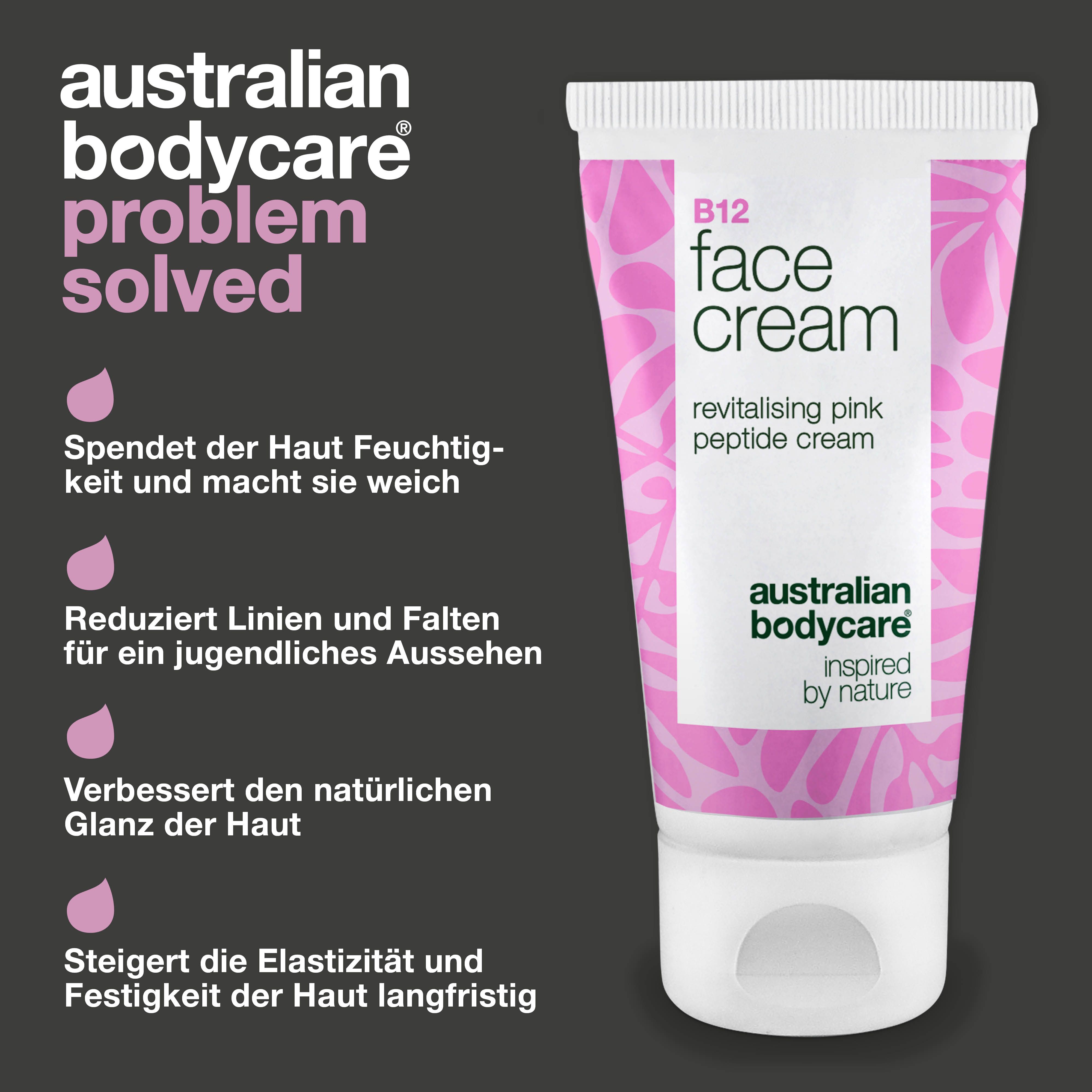 Tube Gesichtscreme. Text: 'B12 face cream'. Marke: Australian Bodycare. Text: 'Problem solved'. Rosa Tropfen.