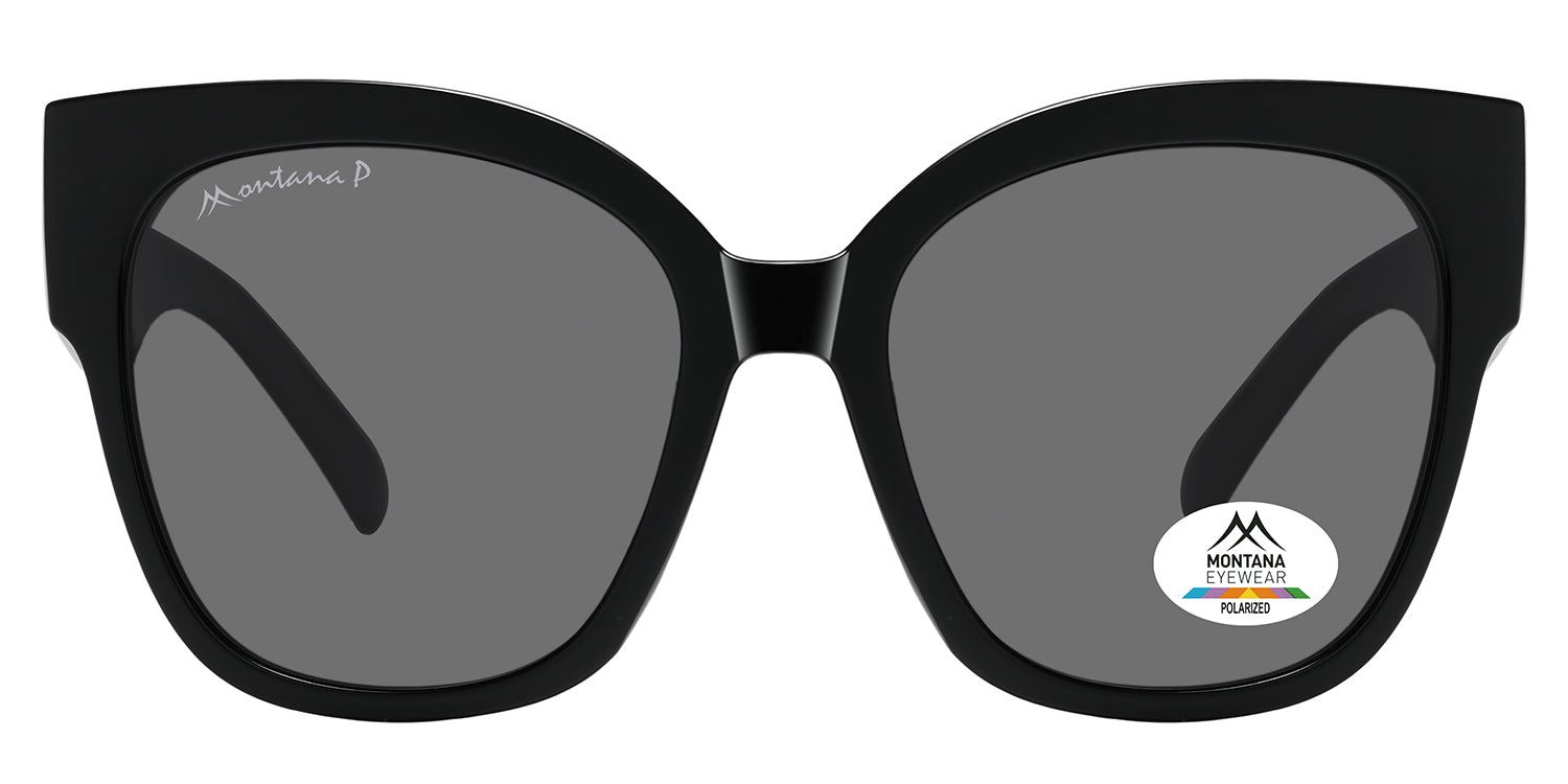 Schwarze Sonnenbrille mit grauen Gläsern. Montana Eyewear Logo auf dem Bügel und Glas. Polarisierte Gläser.