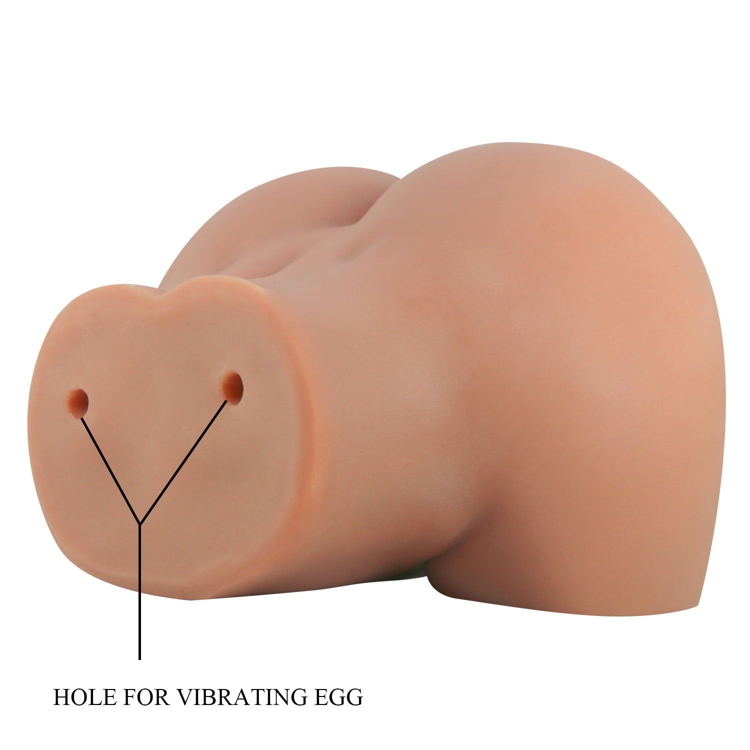 Masturbator aus hautfarbenem Material. Mit zwei Löchern für ein Vibrations-Ei. Beschriftung.