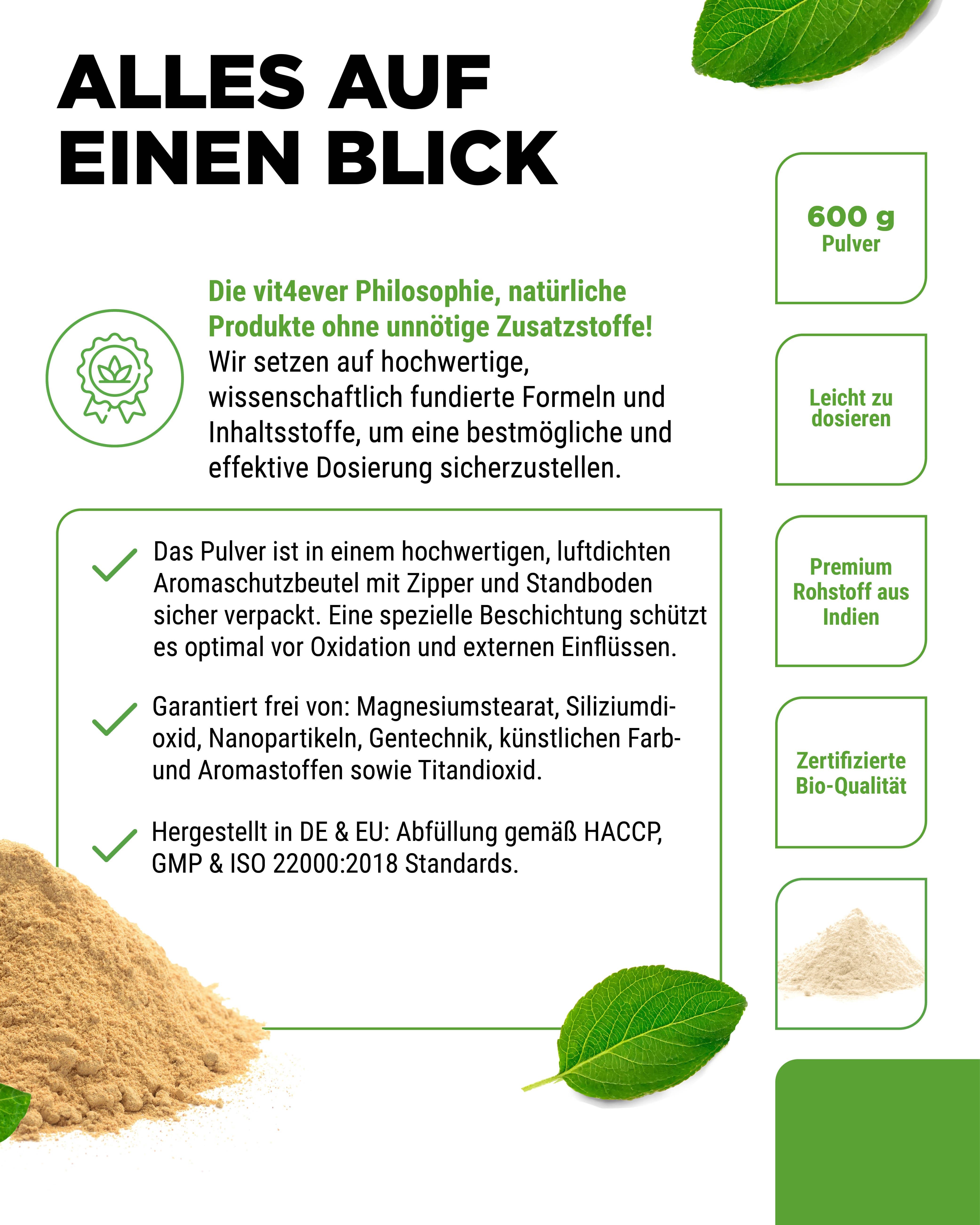 Beutel mit „BIO Ashwagandha Pulver“. Braunes Pulver. 600 g. Text: „Premium Rohstoff aus Indien“, „Zertifizierte Bio-Qualität“.