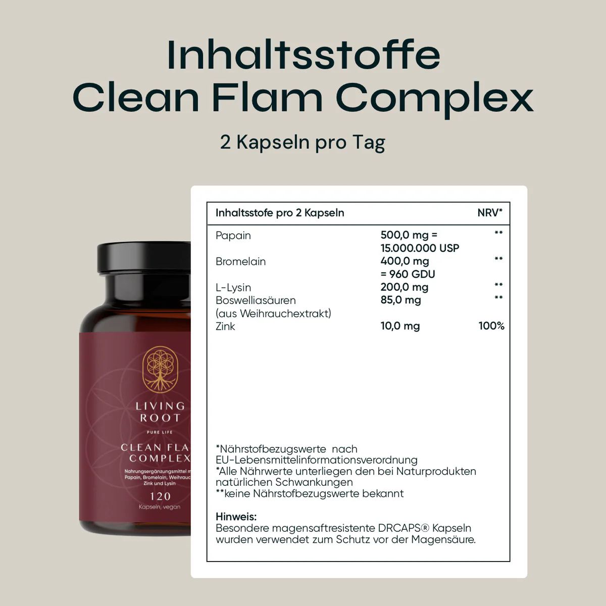 Braune Glasflasche mit Kapseln. Aufschrift: Living Root Clean Flam Complex. Tabelle mit Inhaltsstoffen pro 2 Kapseln. 120 Kapseln.