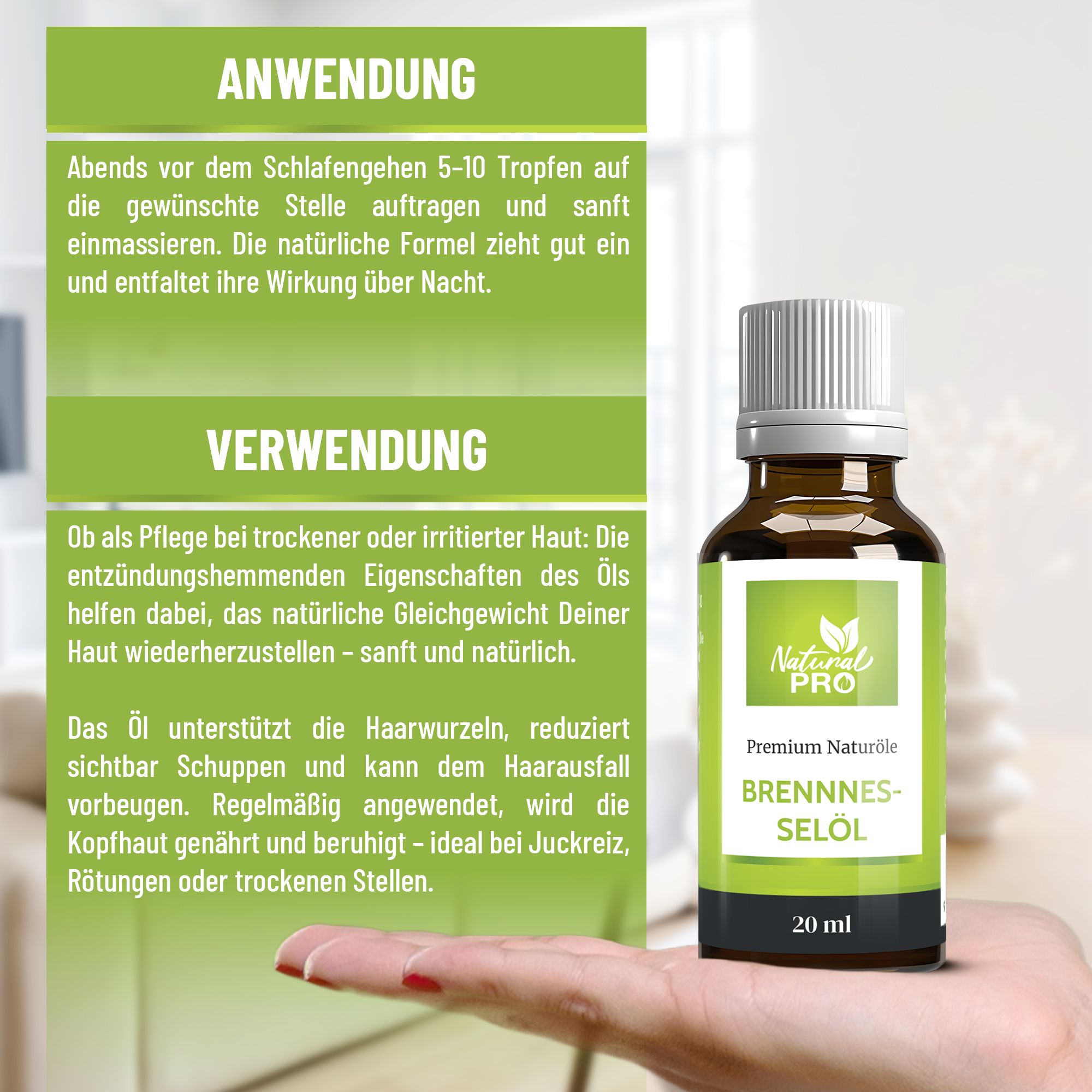 Braune Glasflasche mit weißem Deckel und grünem Etikett. Text: Brennnessel Öl, 20 ml. Flasche in Hand. Anwendung: 5-10 Tropfen auftragen.