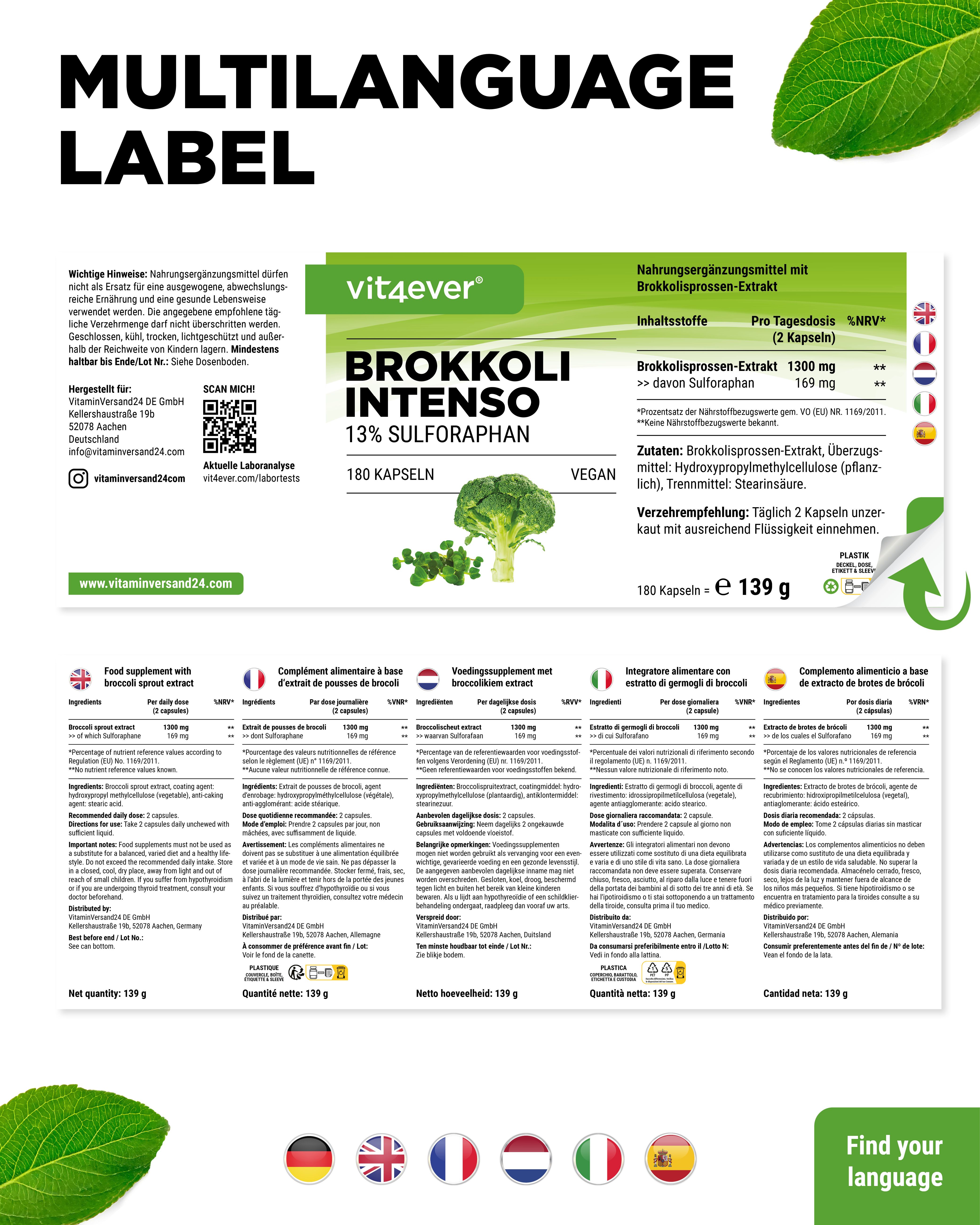 Brokkoli Extrakt Kapseln von vit4ever. Weiße Flasche mit grünem Deckel und Etikett. Aufschrift: Brokkoli Intenso 13% Sulforaphan. 180 Kapseln.