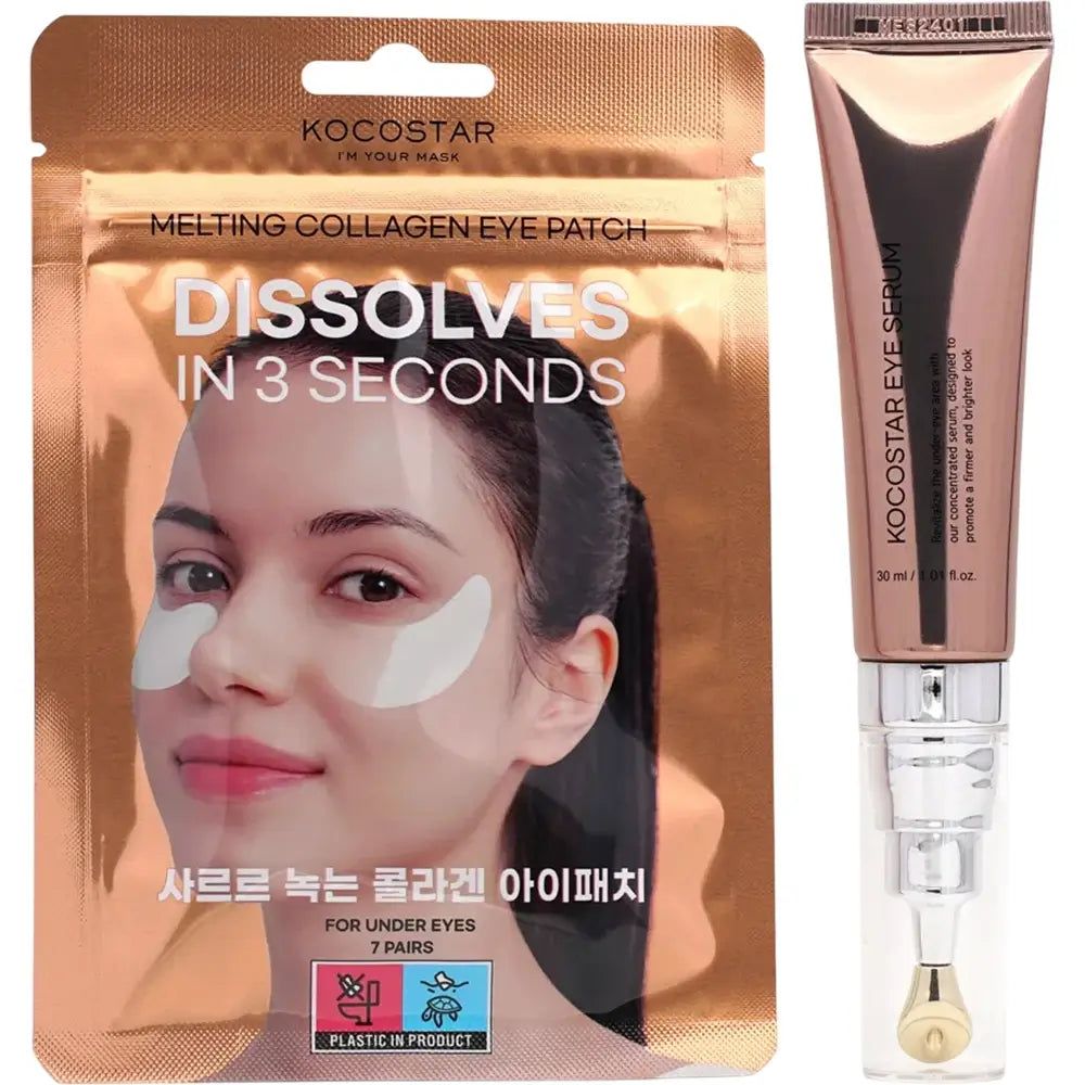 KOCOSTAR Augenpartie Ultimate Care Solution. Packung mit Augen-Pads und Serum. Augen-Pads auf Gesicht, Serum in Tube. Text: "Dissolves in 3 seconds".