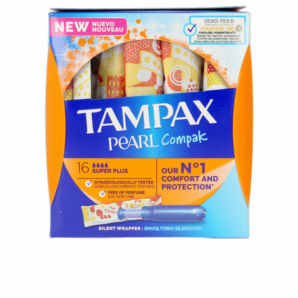 Verpackung von Tampax Pearl Compak Super Plus. Enthält 16 Tampons. Mit 'NEW' und 'DEKO-TEX' Siegel.