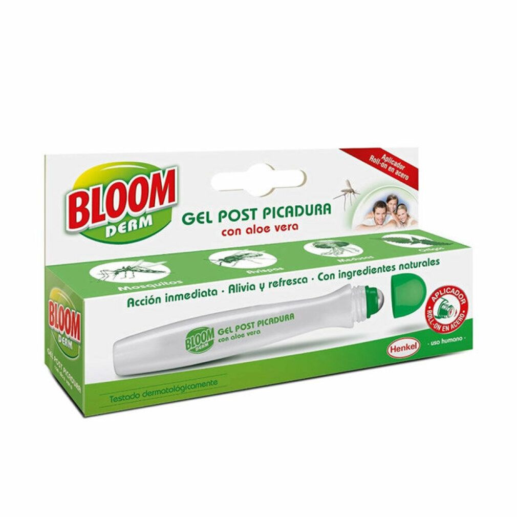 Verpackung von Bloom Derm Gel Post Bite. Enthält eine Tube und eine Schachtel. Aufschrift: Bloom Derm, Gel Post Picadura, Aloe Vera.