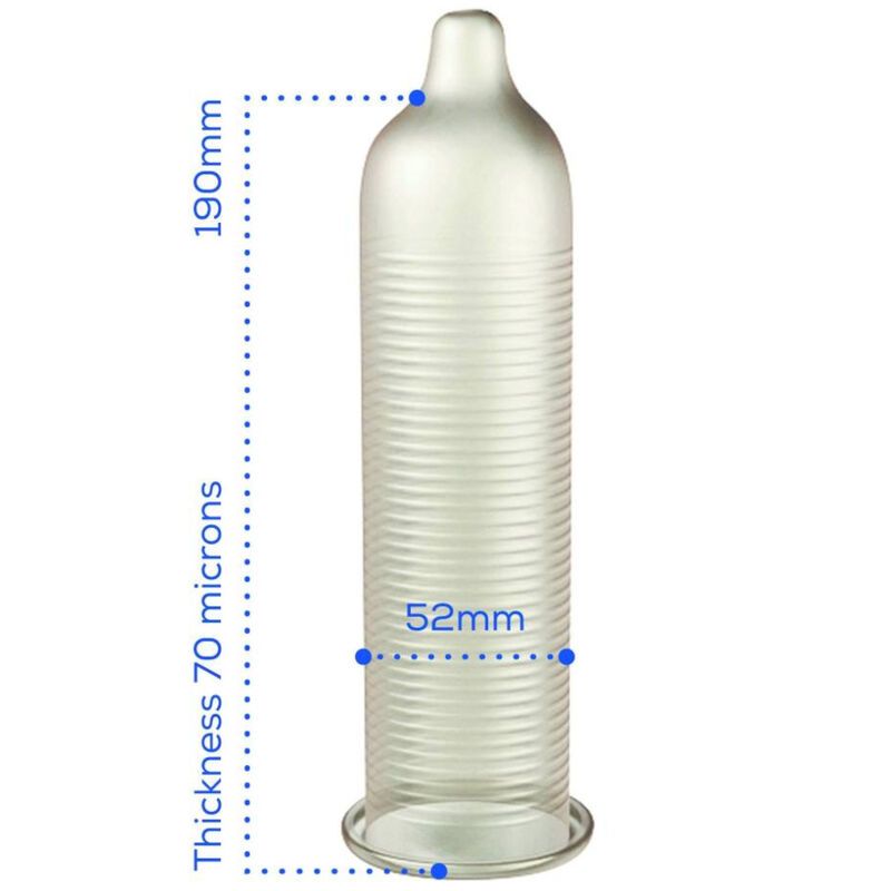 Abbildung eines Kondoms. Maße: 190mm Länge, 52mm Breite, 70 Mikrometer Dicke.