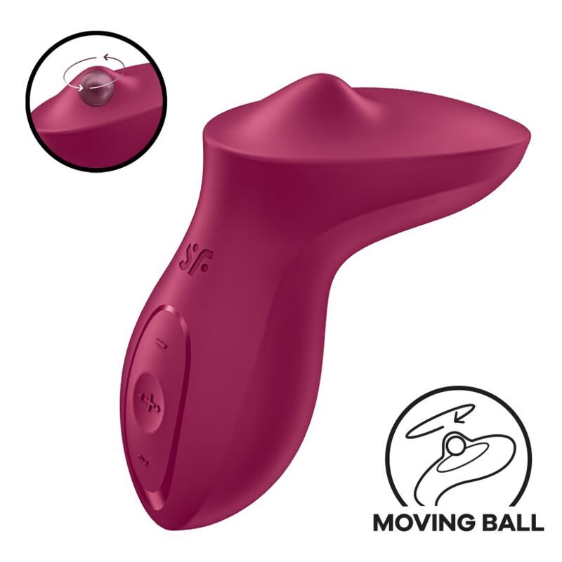 Burgunderfarbener Auflegvibrator mit abgerundeter Form und Bedienknöpfen. Eine Kugel ist sichtbar. Das Produkt hat das Logo "sf".