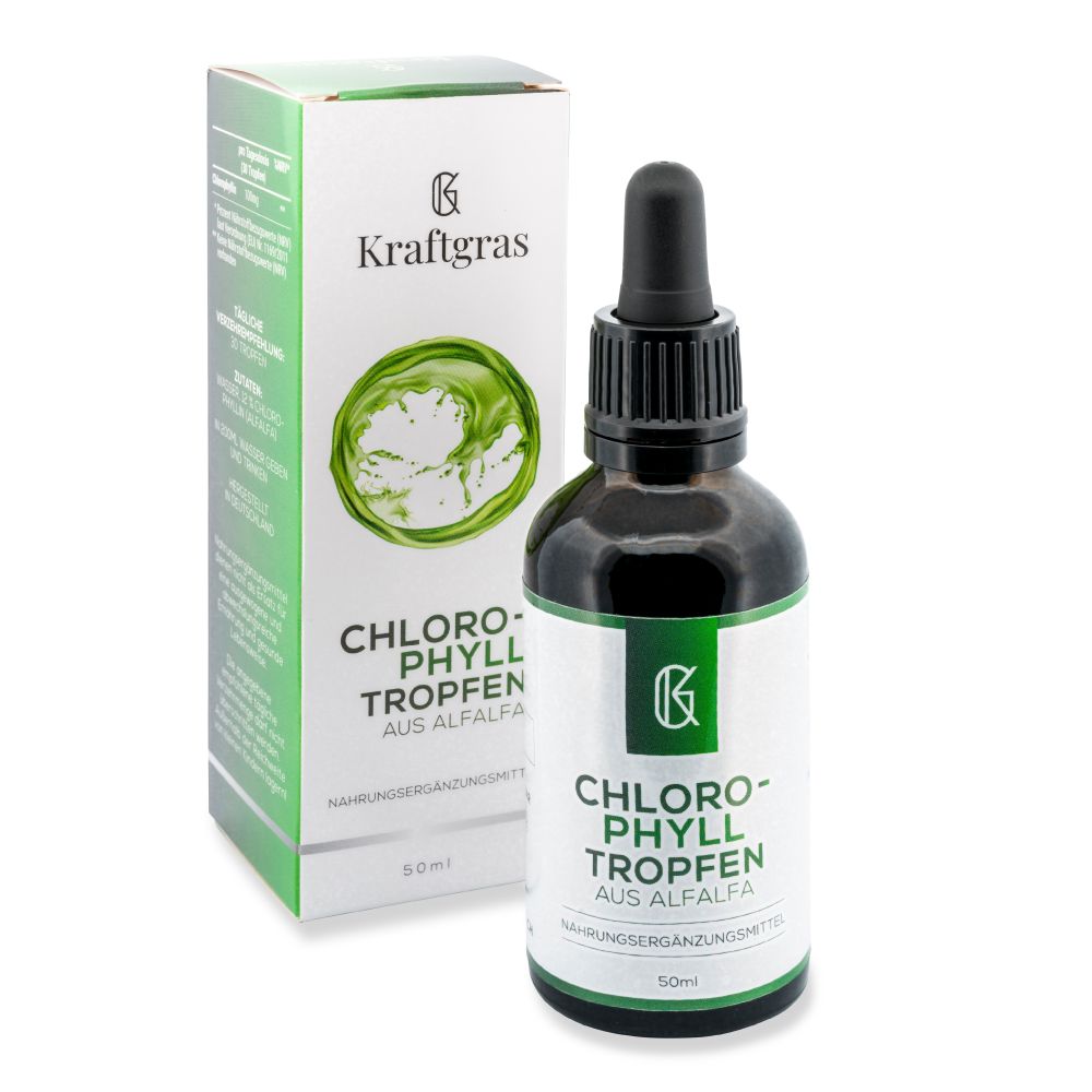 Braune Glasflasche mit schwarzem Deckel und Pipette. Aufschrift: Chlorophyll Tropfen. Karton mit Logo und Produktinformationen.