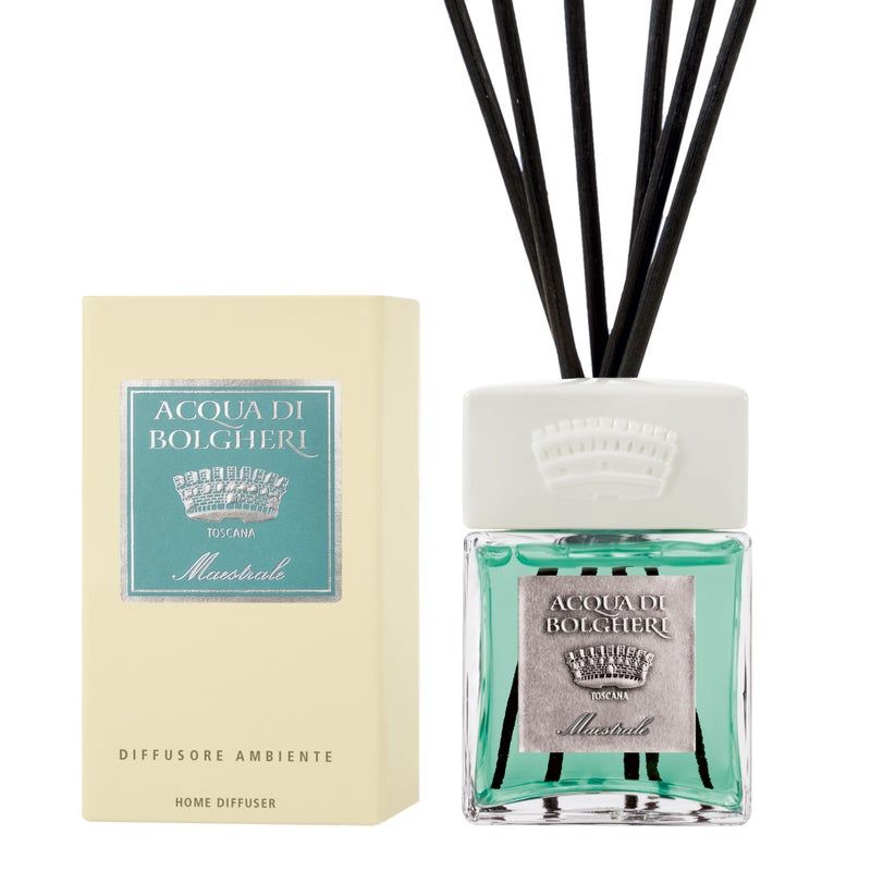 Raumduft mit schwarzen Stäbchen. Rechteckige Glasflasche mit hellgrüner Flüssigkeit. Rechteckige Verpackung mit Logo und Schriftzug.