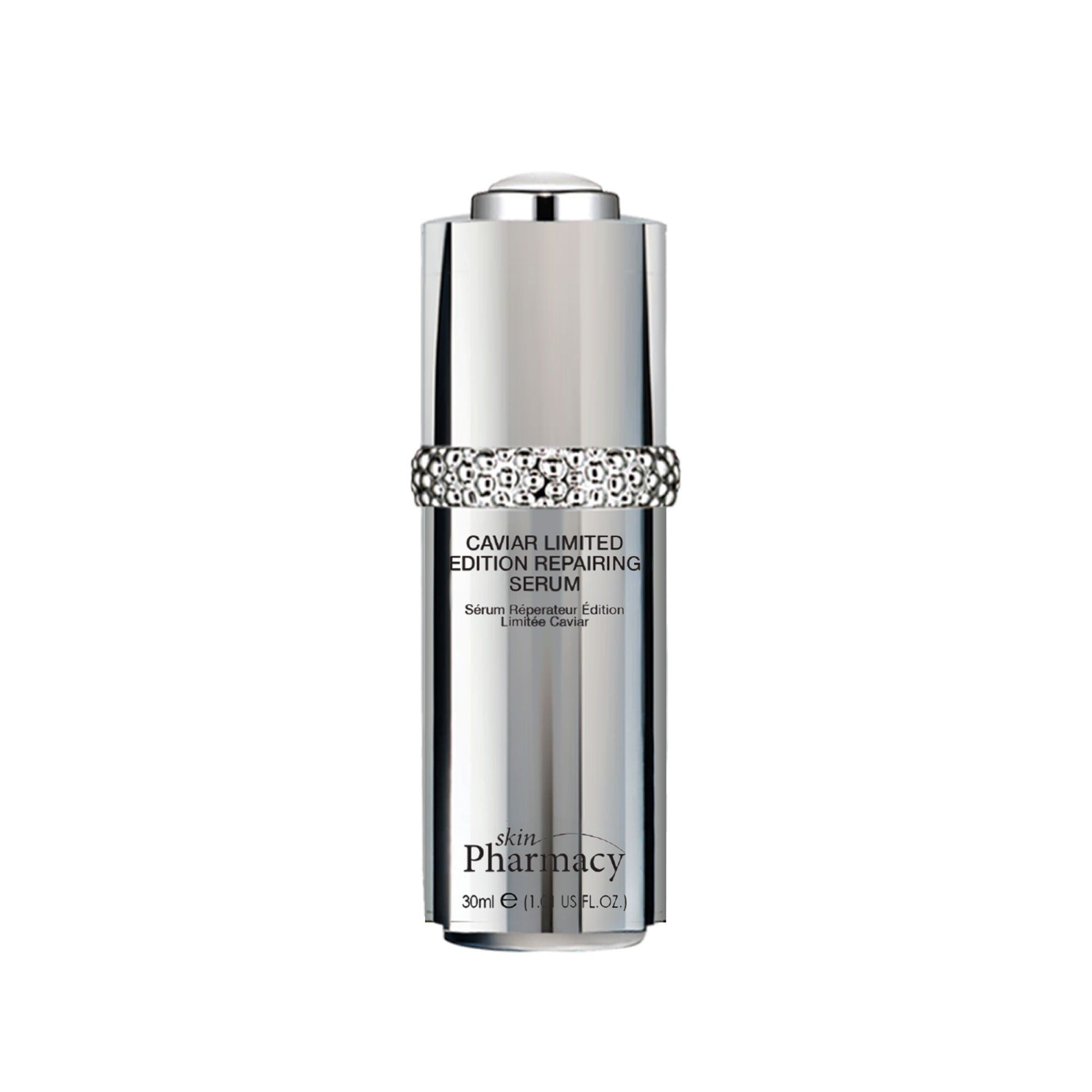 Silberne Flasche mit Aufschrift 'Caviar Limited Edition Repairing Serum'. Unterhalb 'skin Pharmacy'.